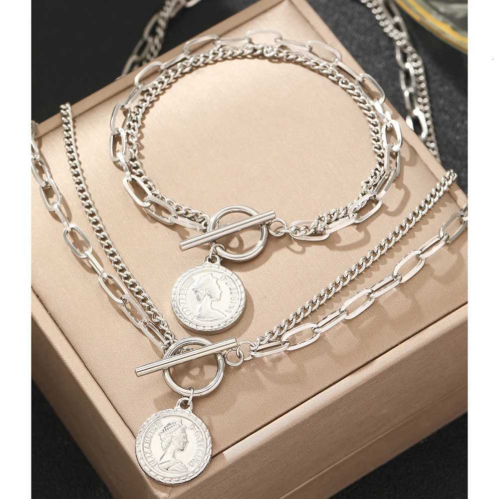 Stainl Steel Jewelry Set Hanging Coin MultiLayer Chain Design Bracelet Necklace Ladies Jewelry Set For Women Jewelry GiftsXJ250904