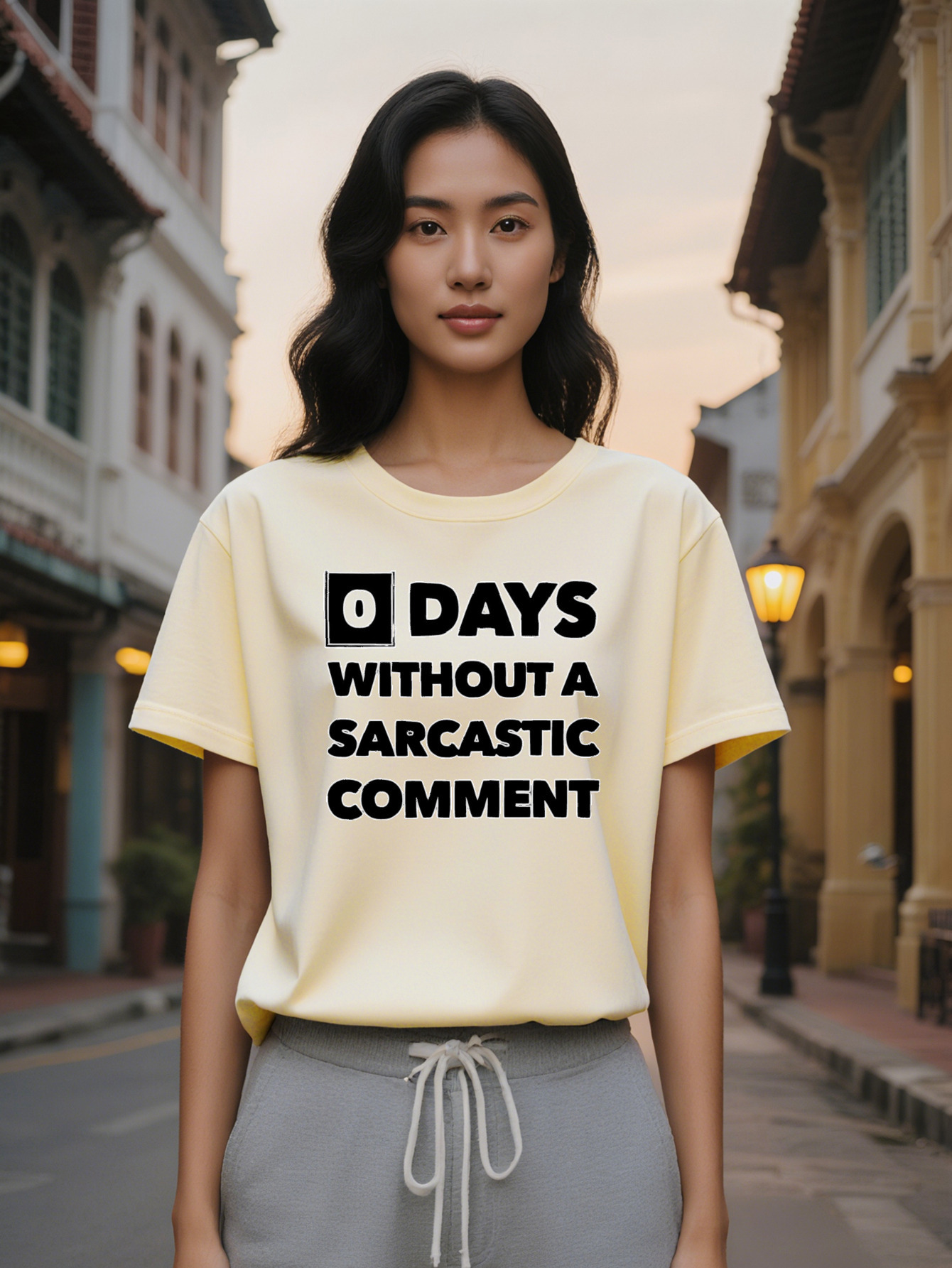 Lady Casual Black T-Shirt with Days Without a Sarcastic Comment Graphic Perfect for Gifts Summer Style Round Neck