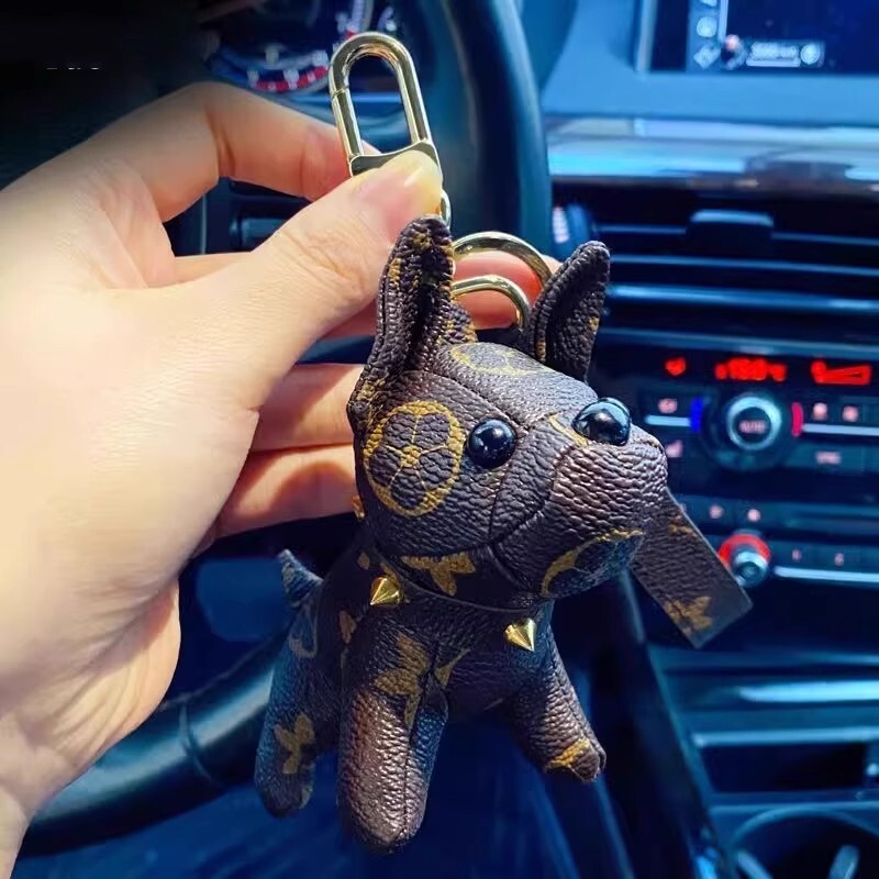 Presbyopia French Fighting Dog Keychain Checkerboard Pendant Car Keychain Leather Dog Pendant