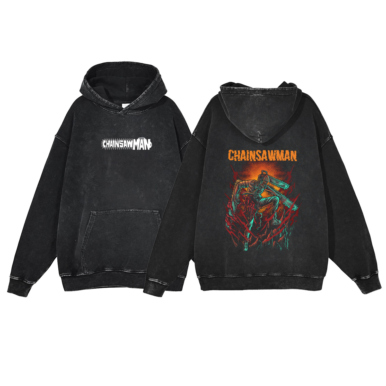440g Heavyweight Washed Vintage Chainsaw Man Cartoon Anime Street Retro Cotton Hoodie Streetwear Hoodie - VT1558