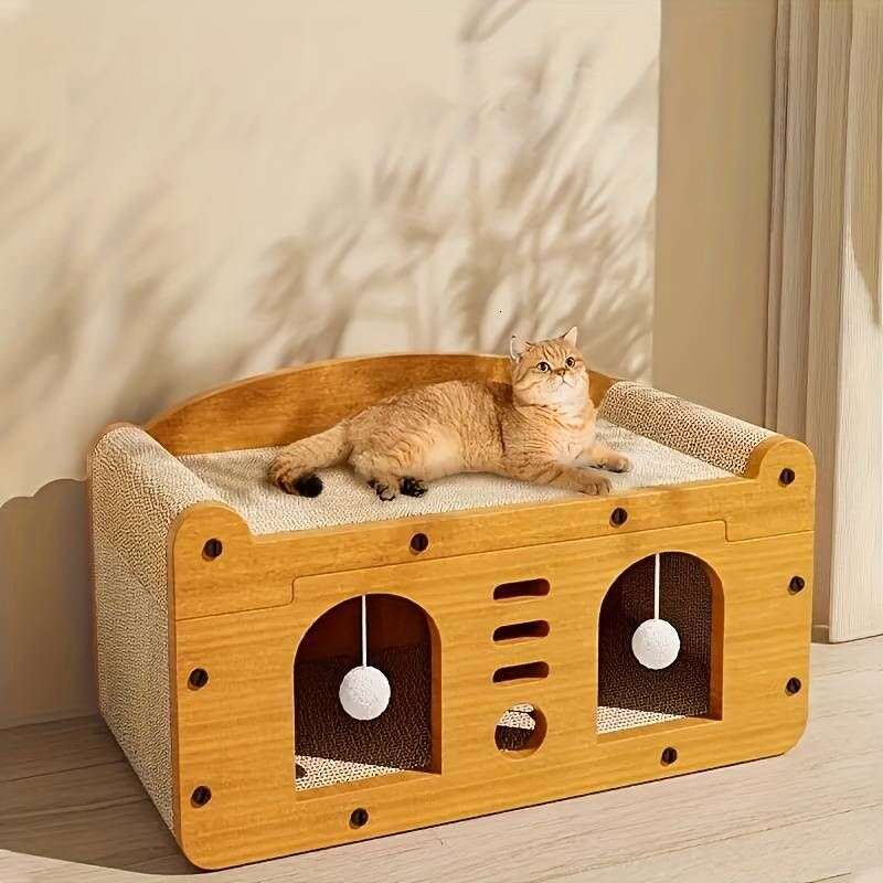 famous brand House Scratcher Board Cave With Hanging Ball Toy Large Space Cardboard Cat Bed Condo Suitable For Cats To Rest And Scratching