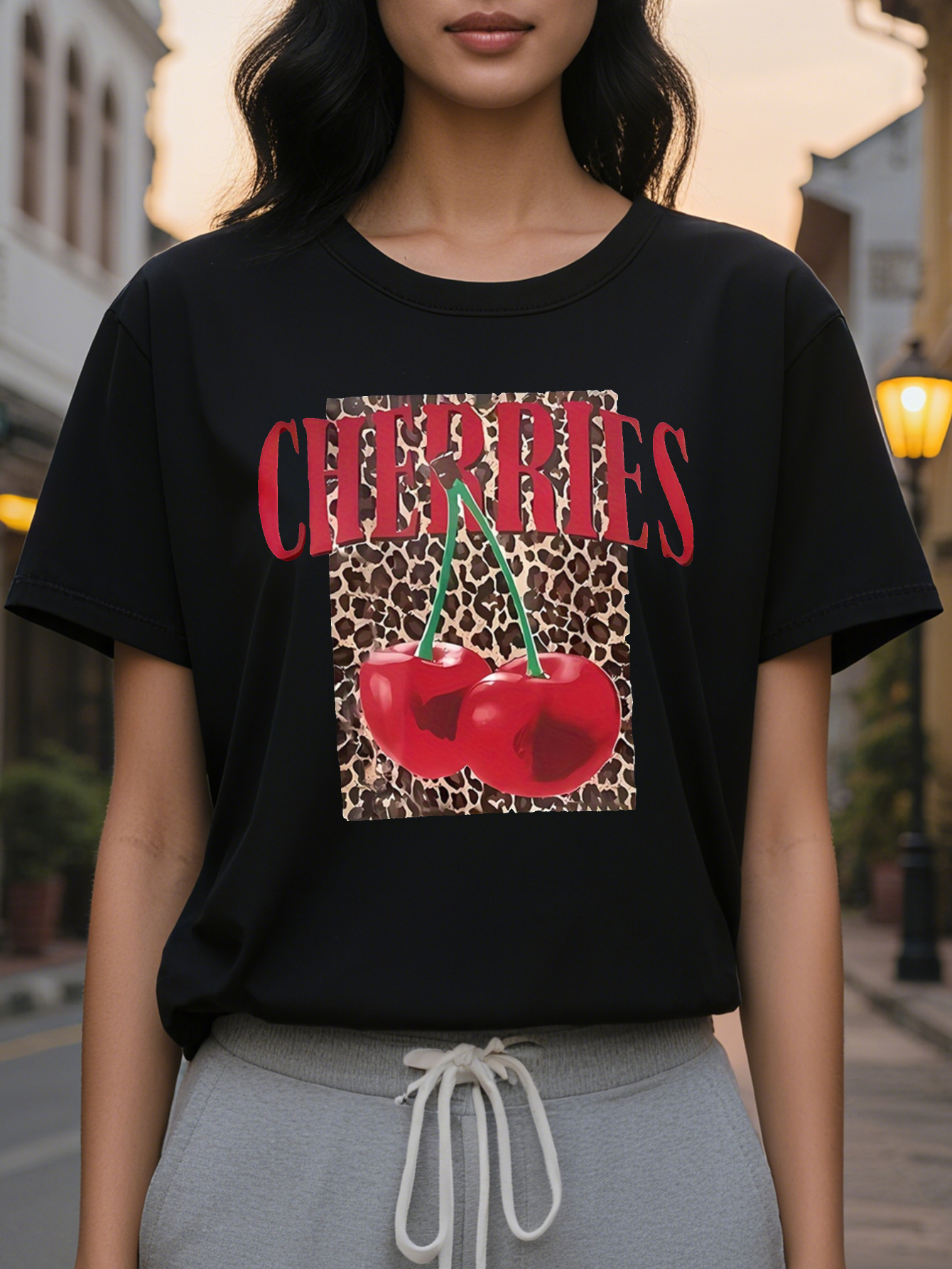 CHERRIES American Style Printed Pattern Fashion Round Neck Short Sleeve T-shirt Spring and Summer New Slim Fit Slimming