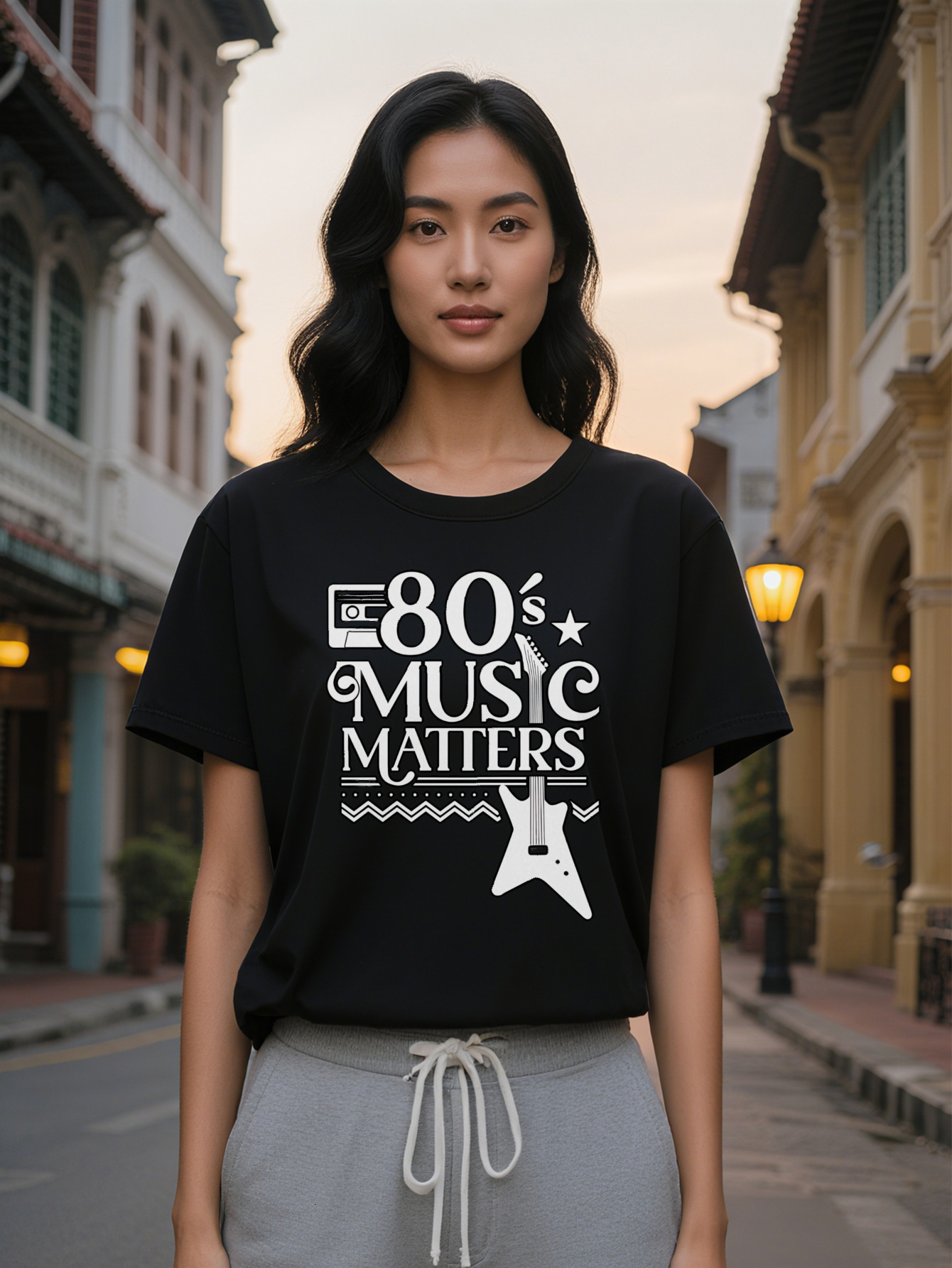 Lady Crew Neck T-Shirt with S Graphic Matters Design Guitar Star Motifs Lightweight Stretchy Perfect for