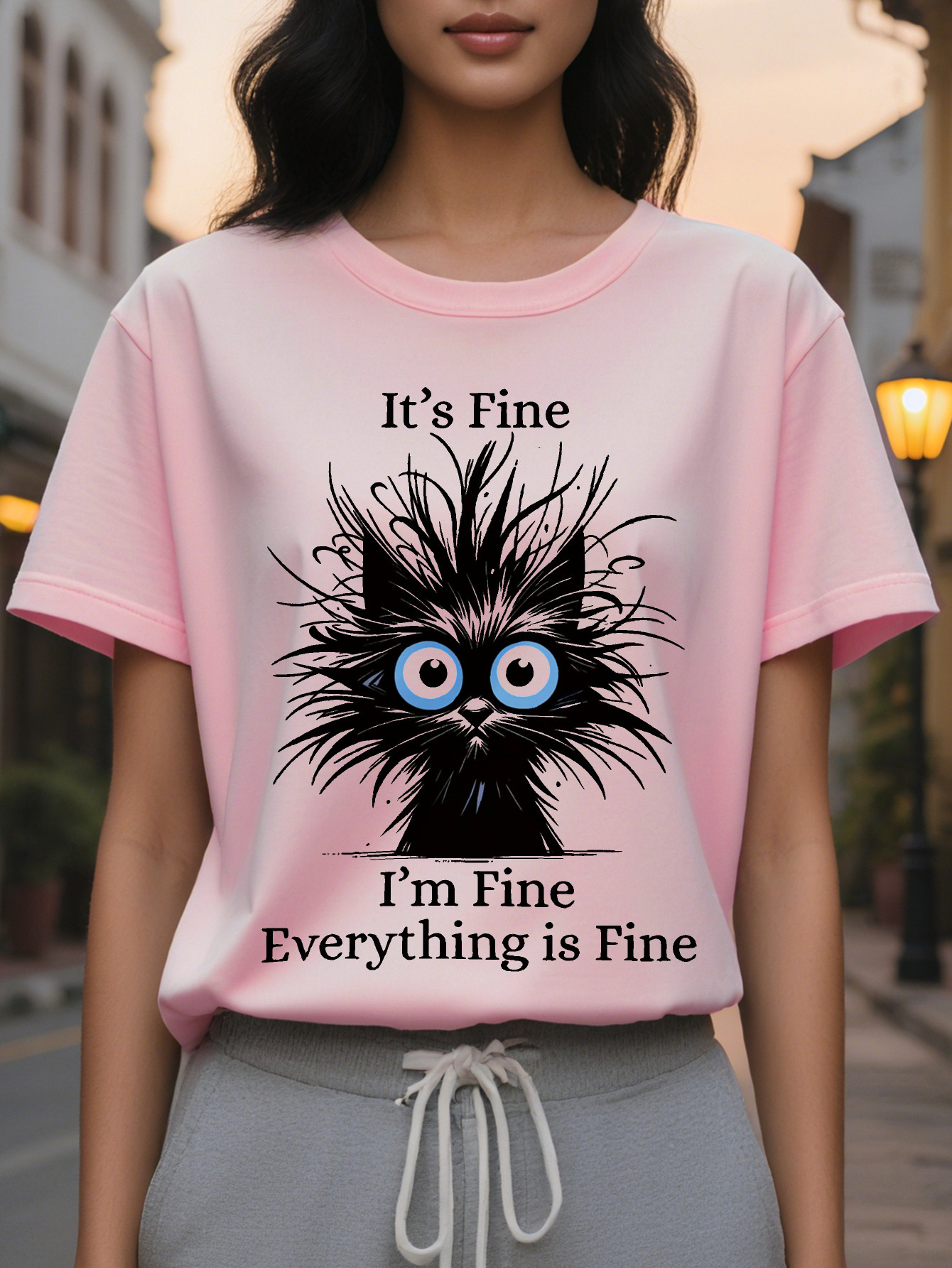 Large XL Women's Light Blue Casual Short Sleeve T-Shirt It's I'm Everything Is Fine Sarcastic Graphic Print Round Neck Summer Plus Size