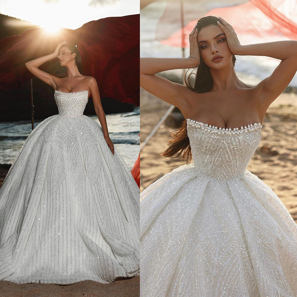 Sparkly Ball Gown Wedding Dresses Pearls Beaded Sequins Bridal Gowns Strapless Sleeveless Sweep Train Princess Marriage Gowns Custom Made