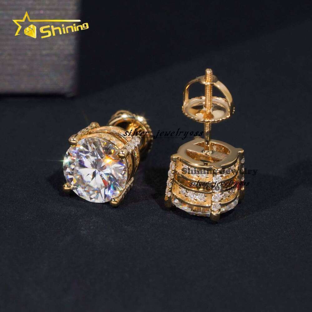 Ice Out Through Tester Mens VVS Moissanite 10K Soild Gold Screw Back 65Mm Side Ice Earrings Studs