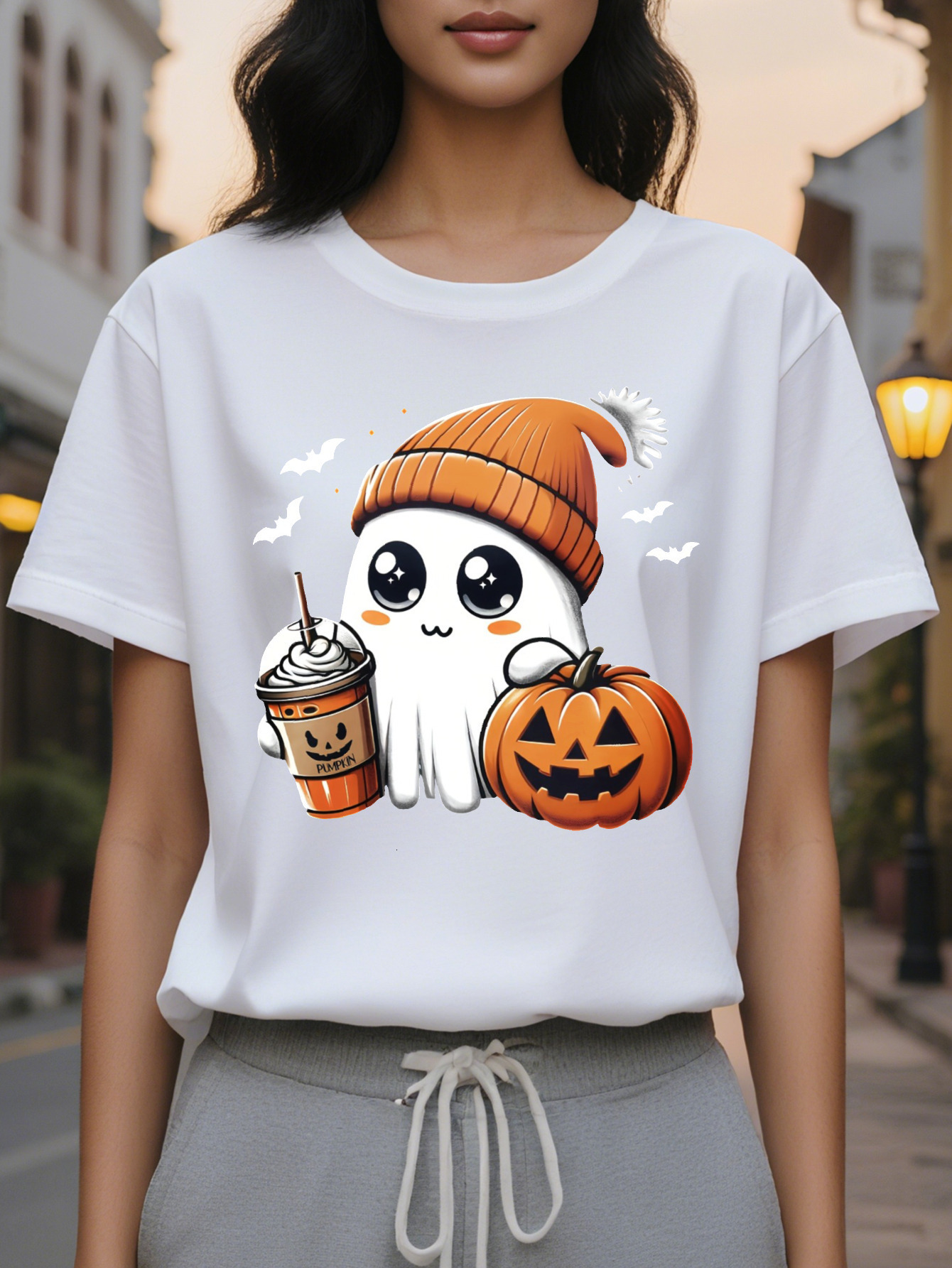 Women S Casual Crew Neck T-Shirt with Pumpkin Ghost Applique Cotton Knit Fabric Regular Fit Fall Season Top
