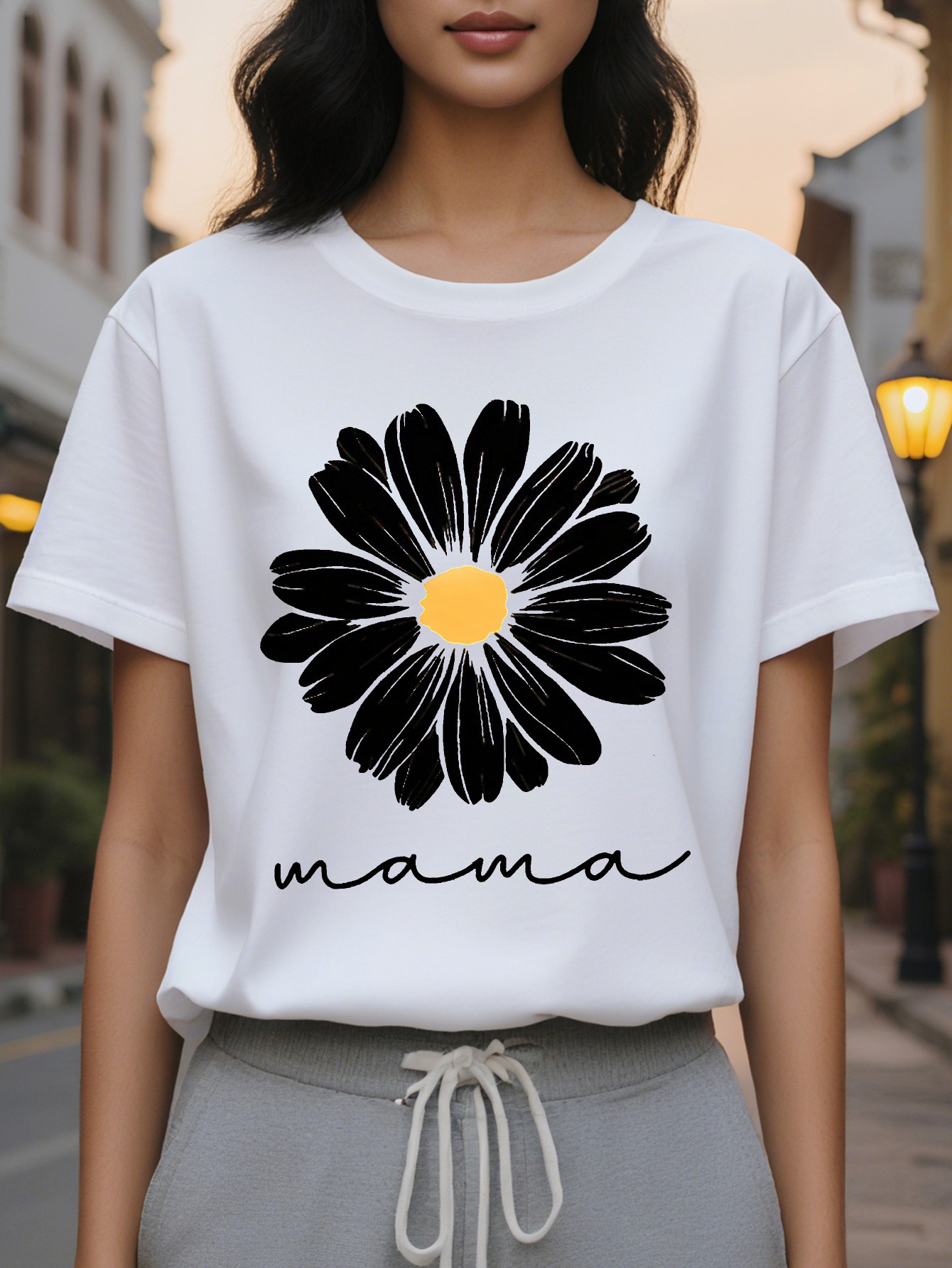 Mother's Short Sleeve T-Shirt Bright Orange Slim Crew Neck Jacket Black Flower Cursive Letter Printing Translucent