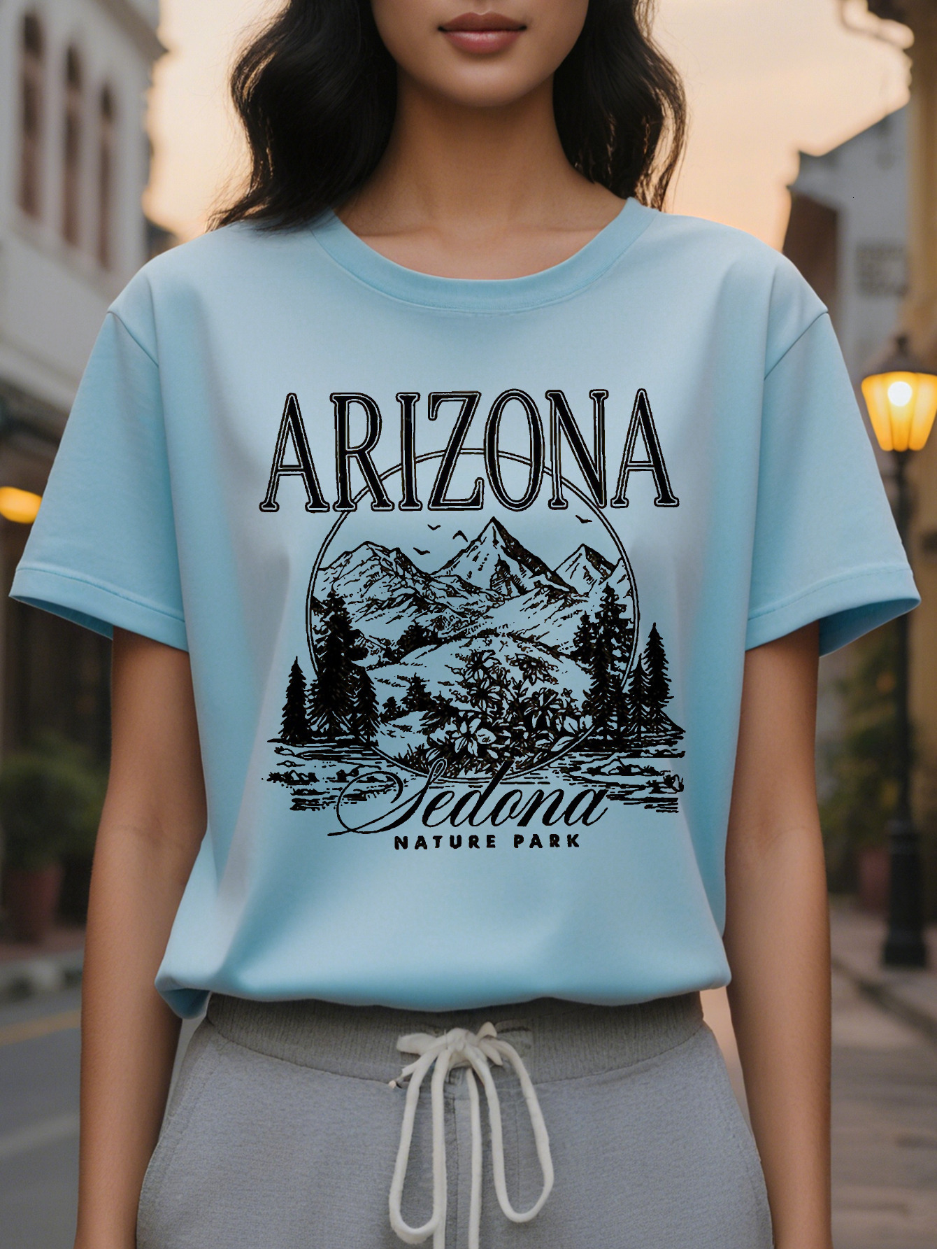 Ladies Arizona Pattern Printed T Shirt Bright Pink Slim Short Sleeve Jacket Desert Landscape Design Breathable Crew