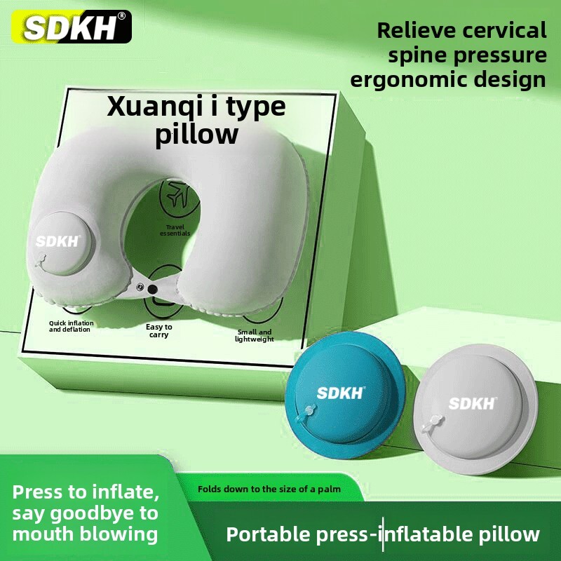U-Shaped Inflatable Portable Neck Pillow Foldable for Car and Airplane Travel Protects Cervical Vertebrae Traction Device