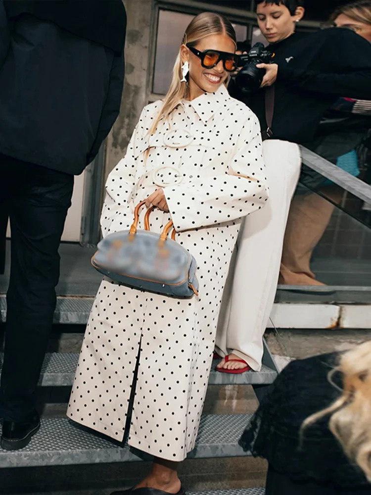 Elegant Polka Dot Belt Womens French Windbreaker Laple Full Sleeve Long Trench Jackets Female 2025 Autumn Fashion Lady Outwears 250904