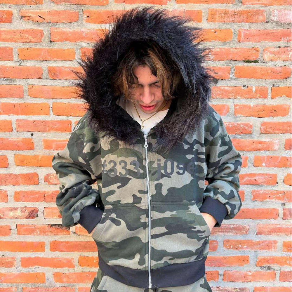 Winter Y2K Camouflage Fur Collar Hoodie Letter Print Fashion Street Style Warm Unisex Set
