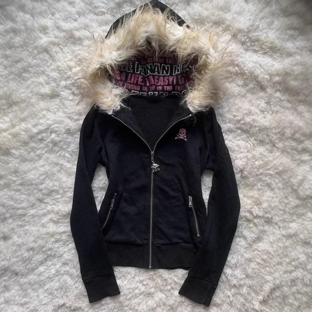 Gothic Style Hooded Cardigan Letter Print Womens Thickened Winter Coat Fur Collar n Y2K Japanese Zipper Jacket 250904