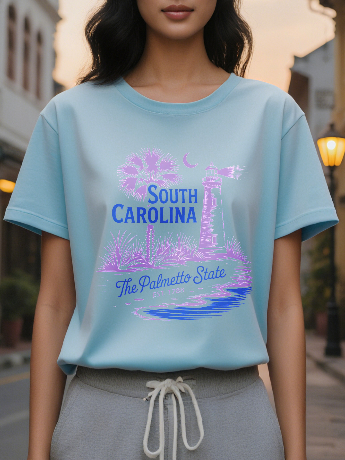 Women s White Sleeve Sweater South Carolina Pattern Pullover Lighthouse Vintage Design, Washable for Autumn and Winter