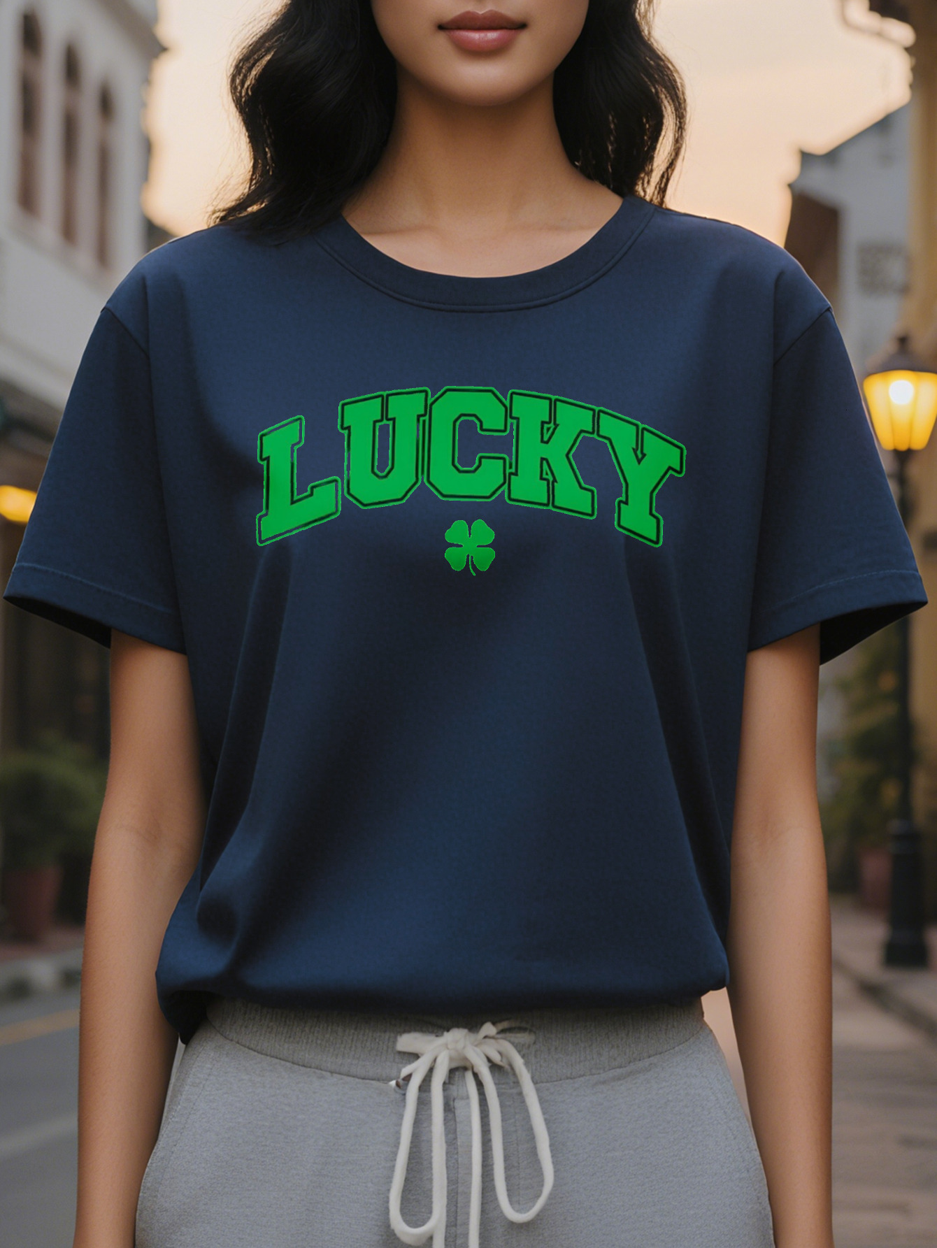 Women's Lucky Four Leaf Clover Print T-Shirt St. Patrick's Day Casual Crewneck Top Cotton Knitted Fabric