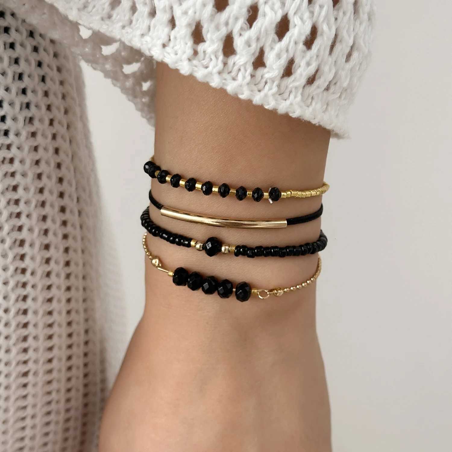 Handmade Black Glass Stone Bracelet Set For Women Bohemian Multilayer Stacked Rice Beaded Link Chain Bangle Fashion Jewelry W250904