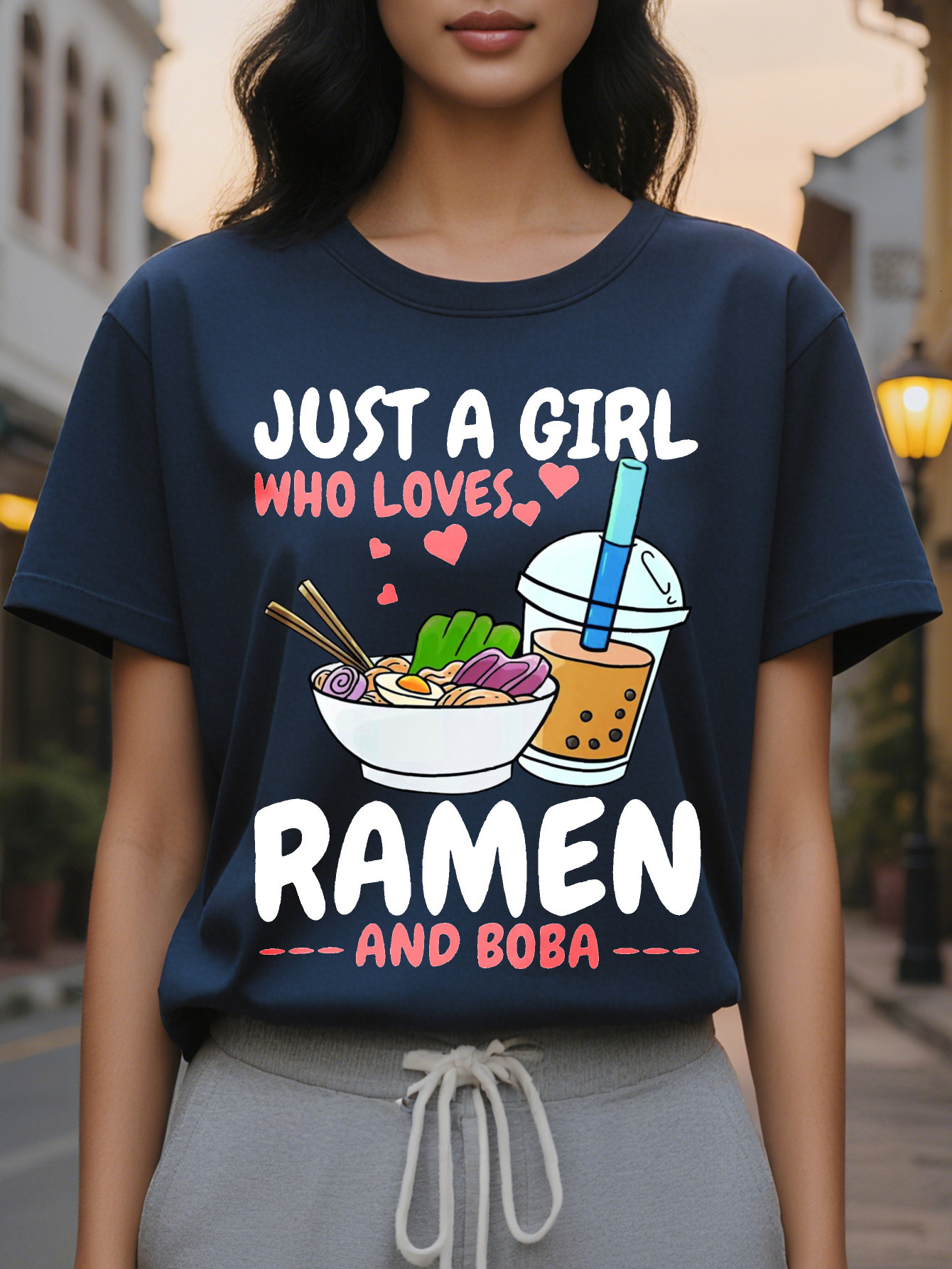 Large XL Ramen Letter Print Crew Neck T-shirt Casual Short Sleeve Top for Spring Summer Women's Clothing Plus Size