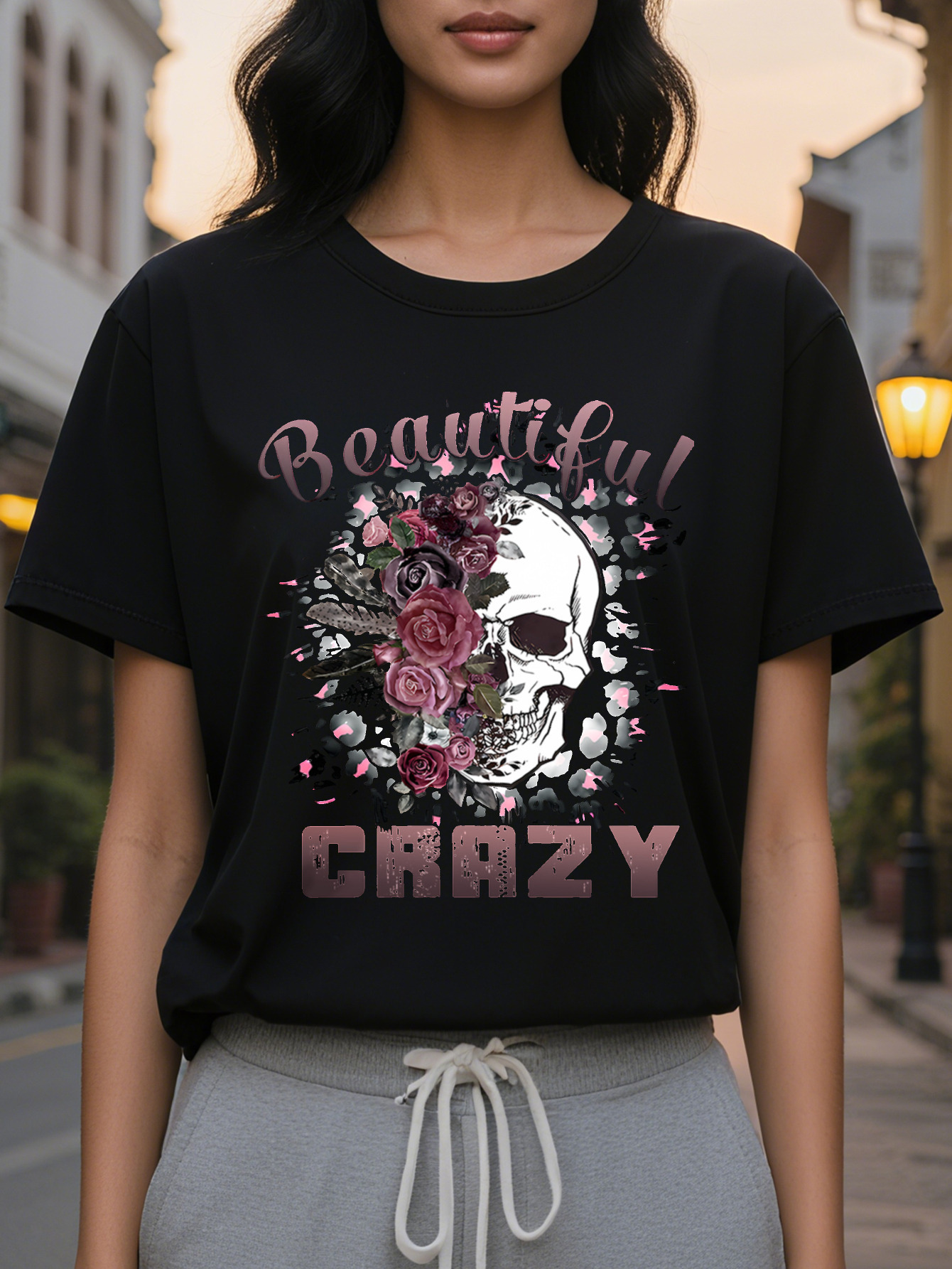 Beautiful Crazy Ladies T-Shirt Black Skull Pink Letter Printing Spring and Summer Casual Loose Short Sleeve Round Neck