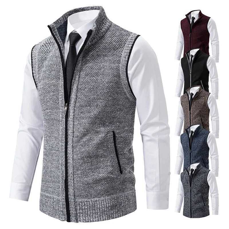 New Vest Mens Knitted Sleeveless Sweater Wool Velvet Zipper Cardigan Turndown Pullovers Turtleneck Sweatercoat Knit WaistcoatXJ250904