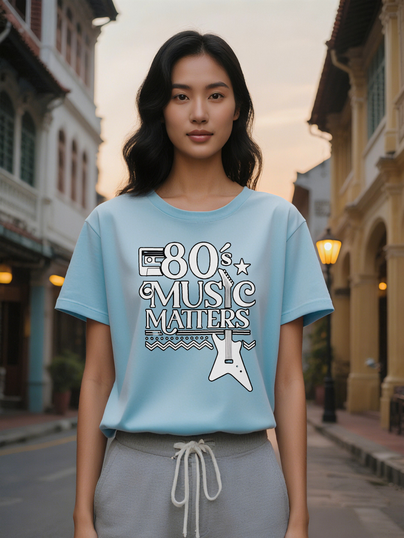 Large XL Lady Crew Neck T-Shirt with S Graphic Matters Design Guitar Star Motifs Lightweight Stretchy Perfect for Plus Size