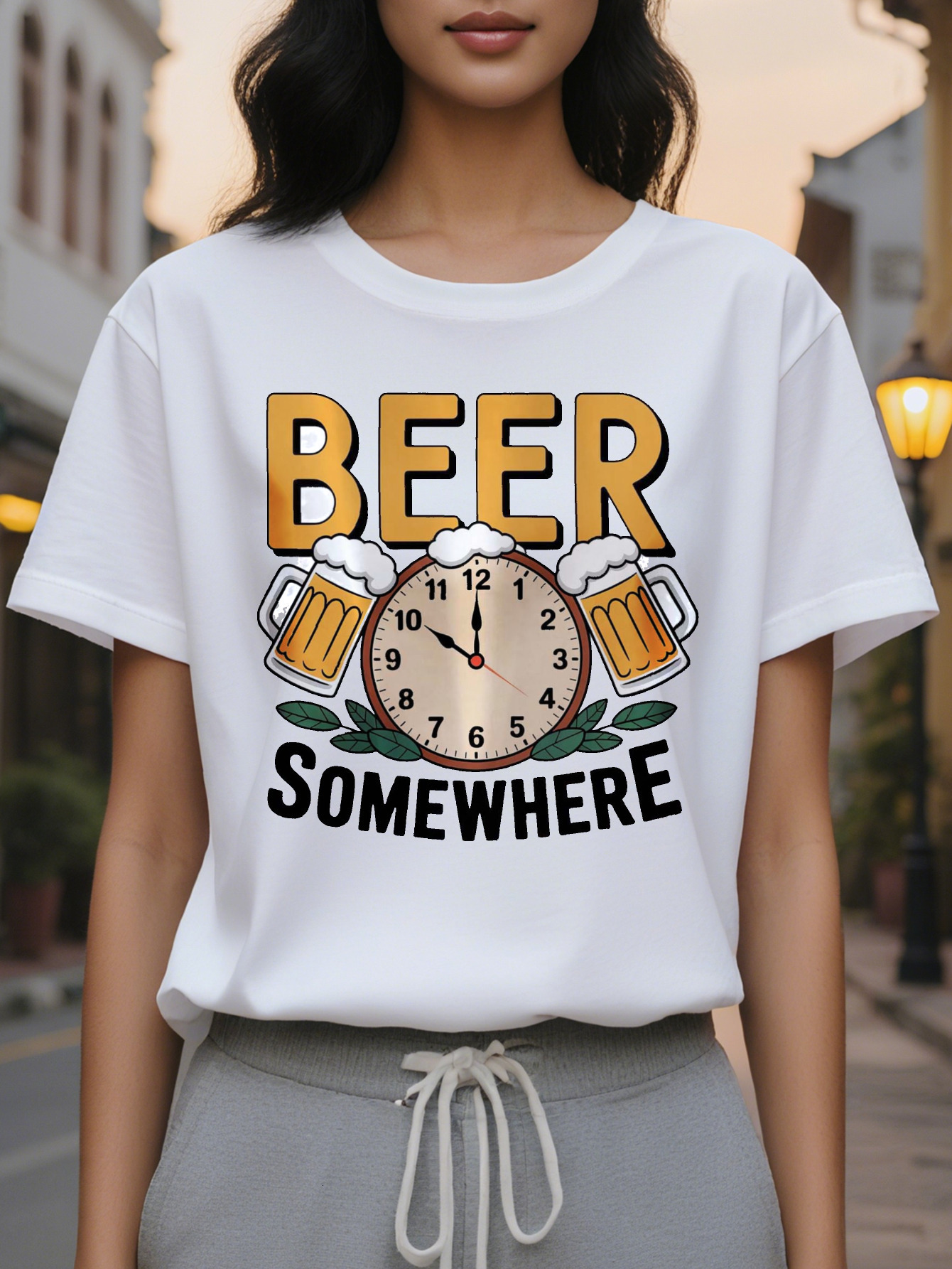 Women's Somewhere Pattern White T-Shirt with a Strong Beer Mug Design Lightweight Summer Top Suitable for