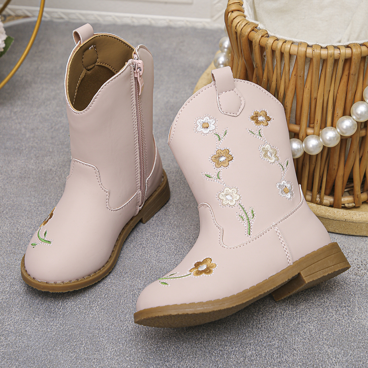 Floral Western Boots - New Style Round-Topped Thick-Heeled Unique Long Boot