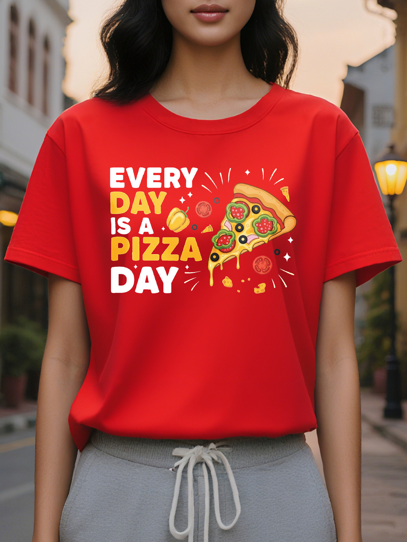 Women's Black Lover Pattern Funny is Day Sayings Soft Everyday Casual T-Shirt Pizza Parties and