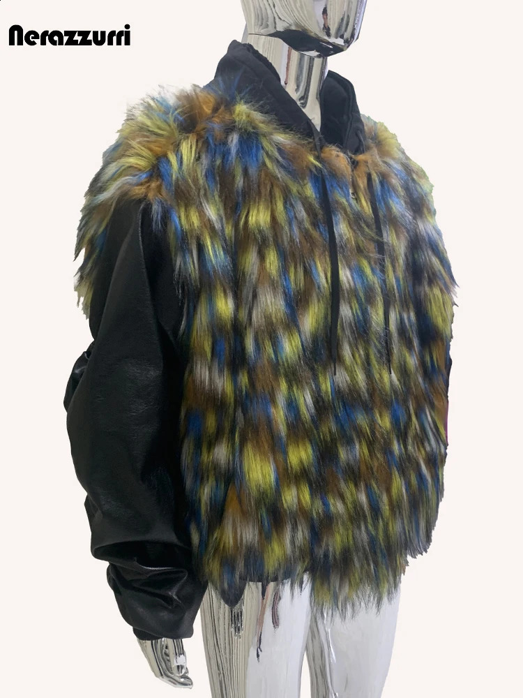 nerazzurri Autumn Winter Cool Oversized Thick Warm Patchwork Faux Fur Coat Men 2 Pieces Clothes Hoodie Fluffy Jacket 250904