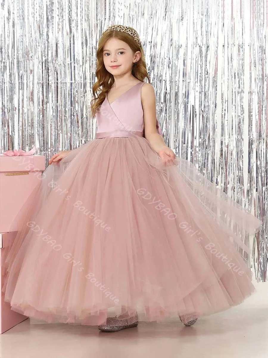 Ankle Length Flower Girl Dress for Wedding Toddlers Double V Neck Communion Dress With Bow 2-14 Kids Custom Birthday Ball Gown Z250904