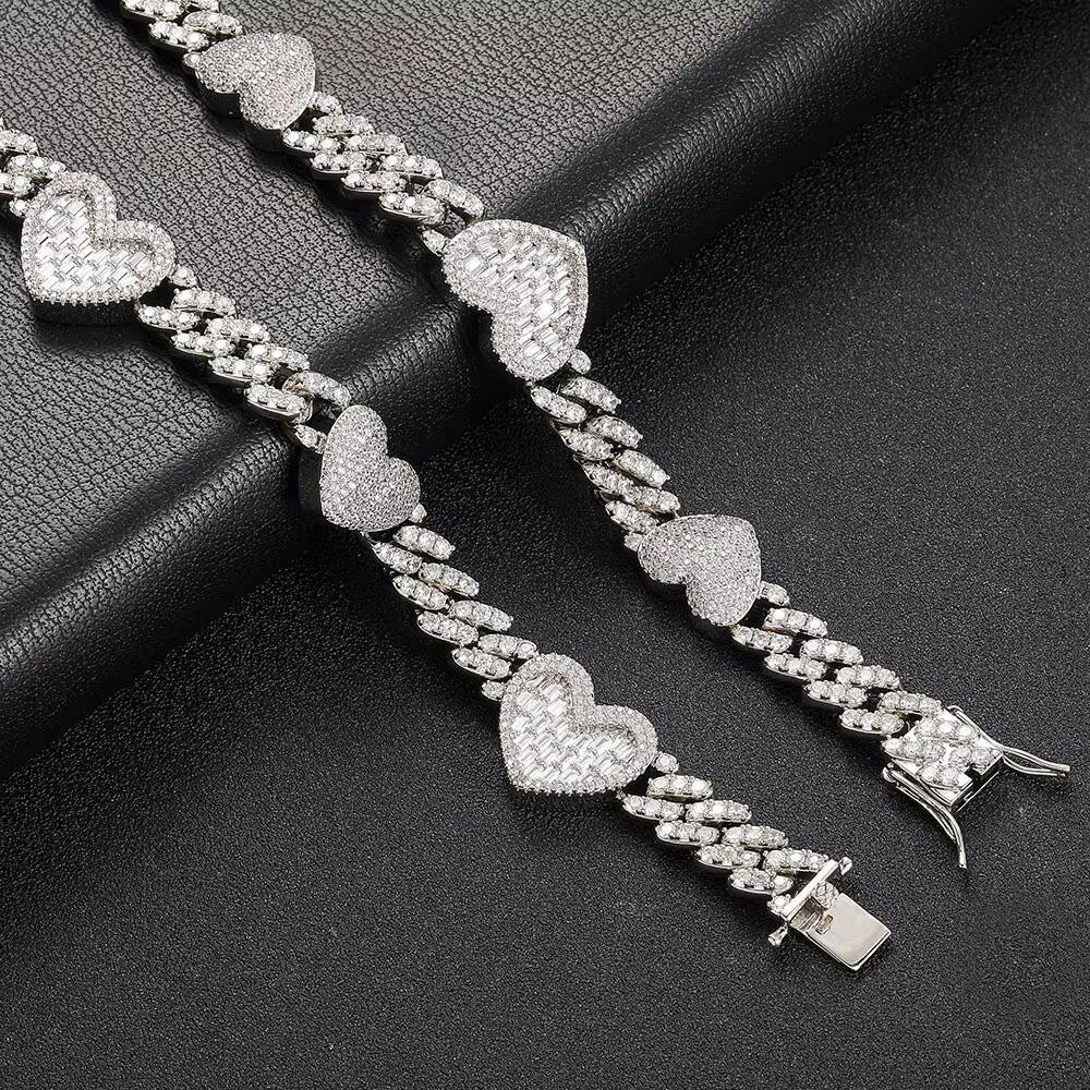 NUOYA Custom Heart Cuban Choker Necklace Iced Out Bling Moissanite White Gold Plated Cuban Link Chain Fashion Jewelry for Women