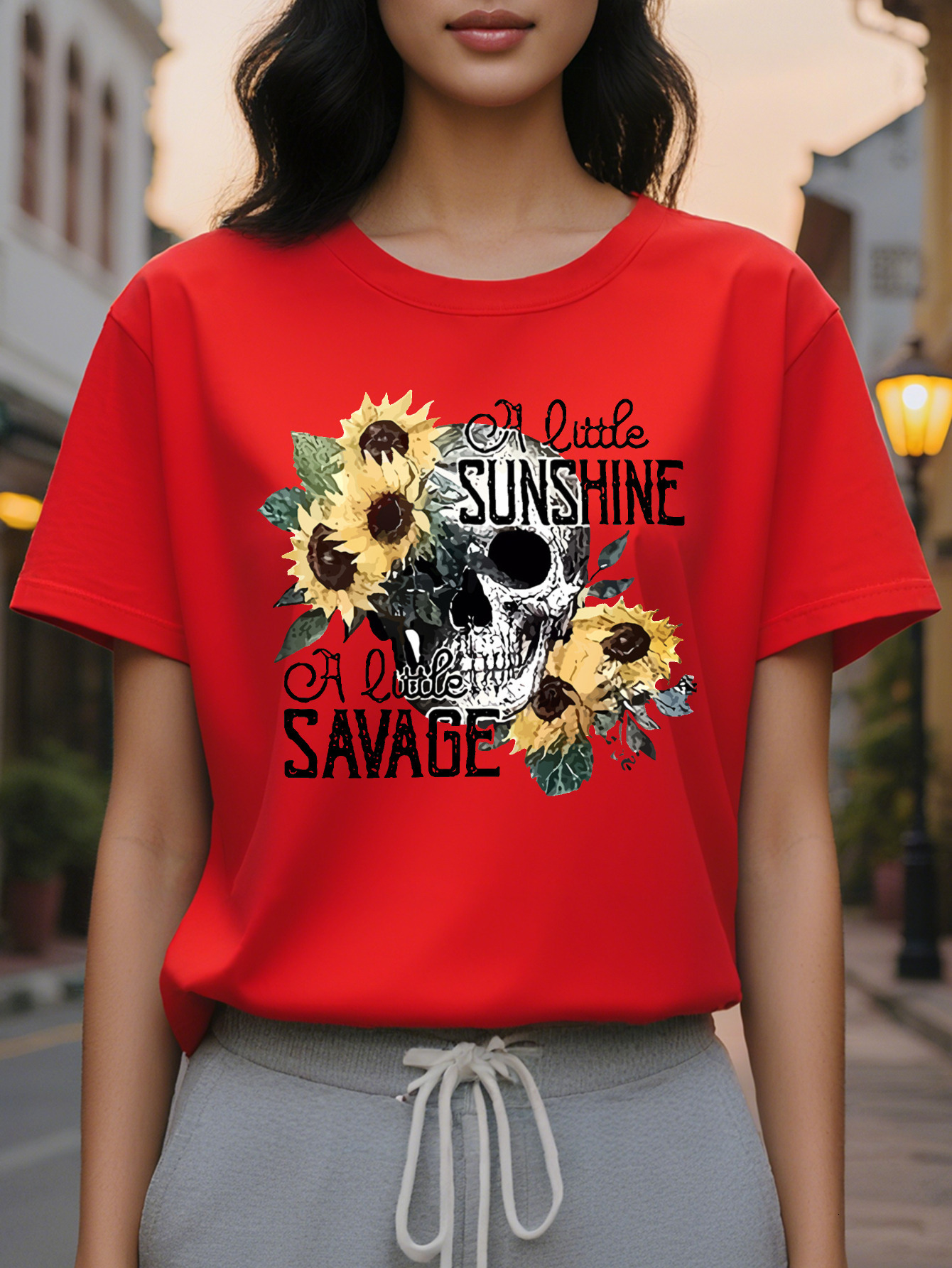 Women s Gothic Bohemian Style White T Shirt With Black Printing Plus Size Crew Neck Short Sleeve