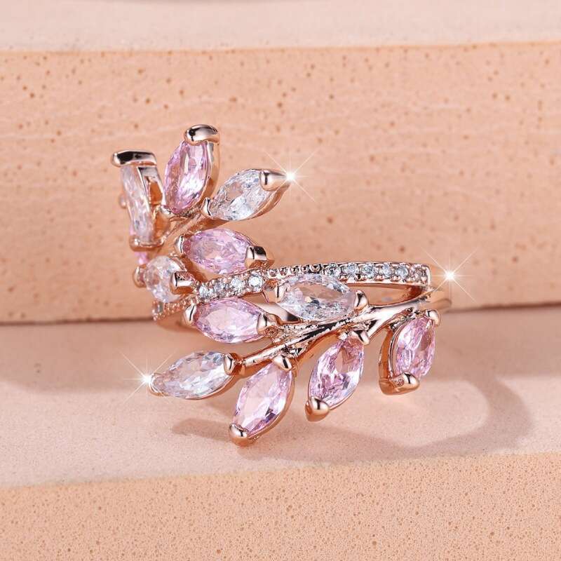 Boho Marquise Zircon Leaf Open Ring - Rose Gold Green Crystal Nature-Inspired Jewelry Fashion Versatile Adjustable Statement Ring for Women