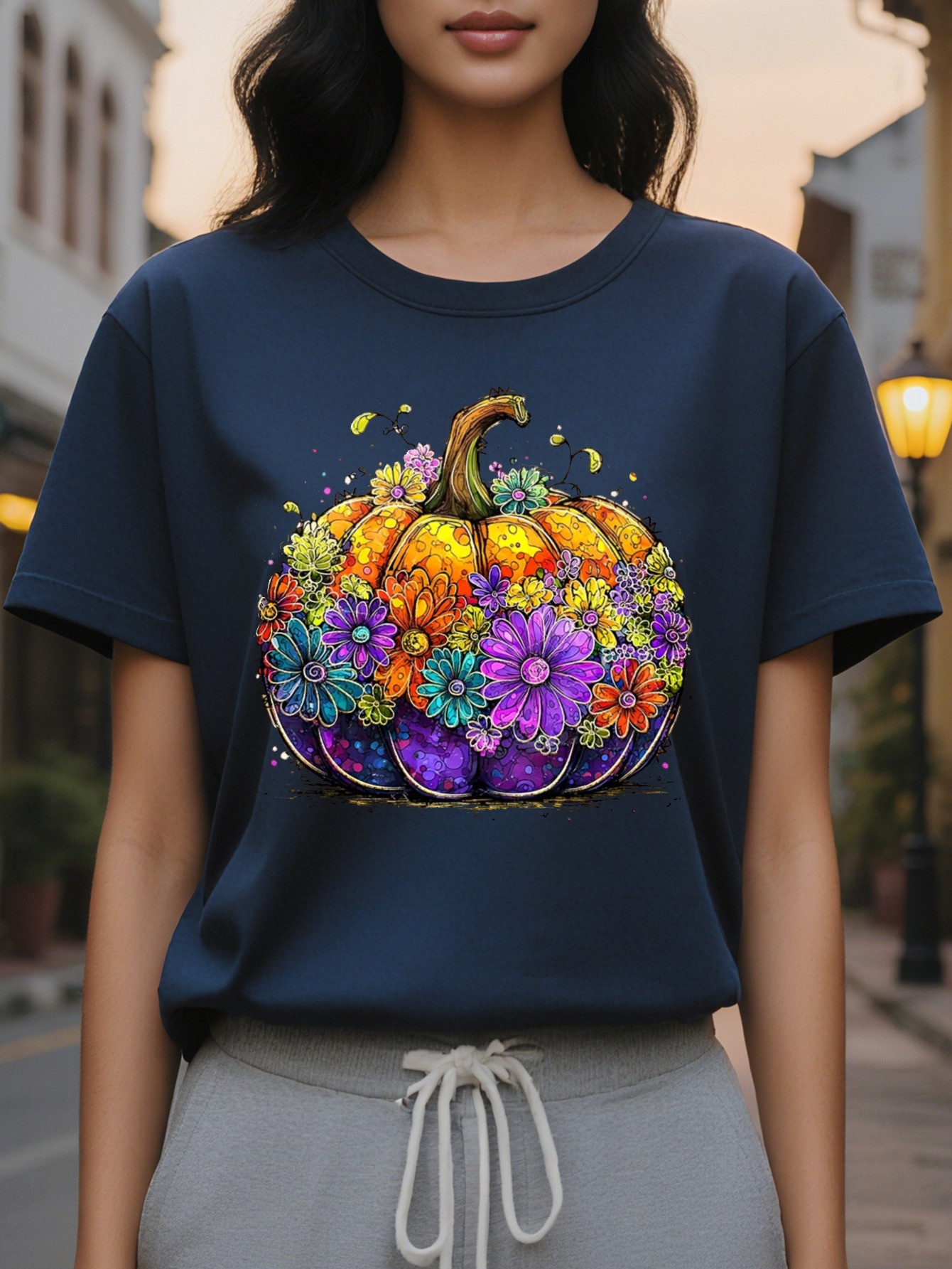 Large XL Women S Floral Print Crewneck Sweatshirt Cozy Casual Pullover Soft Beige with Vibrant Orange Pumpkin Purple Flowers Plus Size