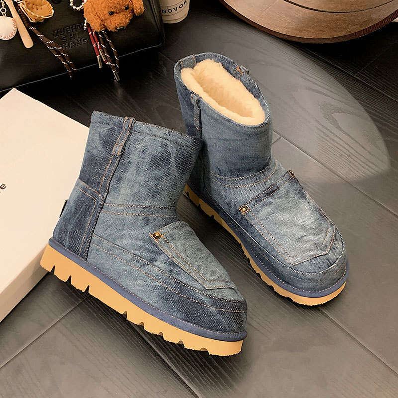 Thick soled warm snow boots 2025 designer's new retro denim cotton boots fashionable fur boots
