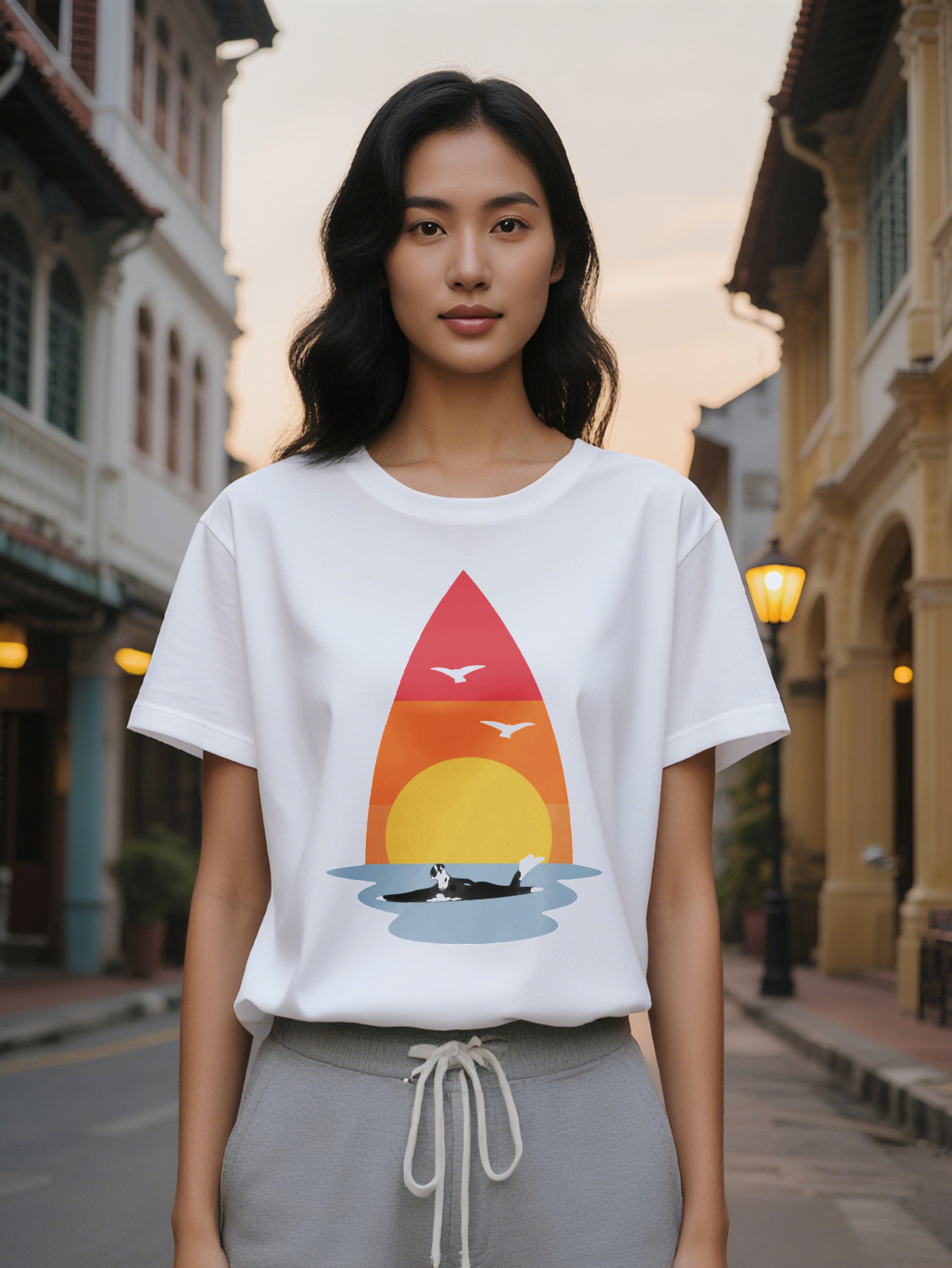 Lady Crew Neck T-Shirt with Sailboat Black Short Sleeve for Relaxed Style Casual Summer Top Vibrant Print Tee