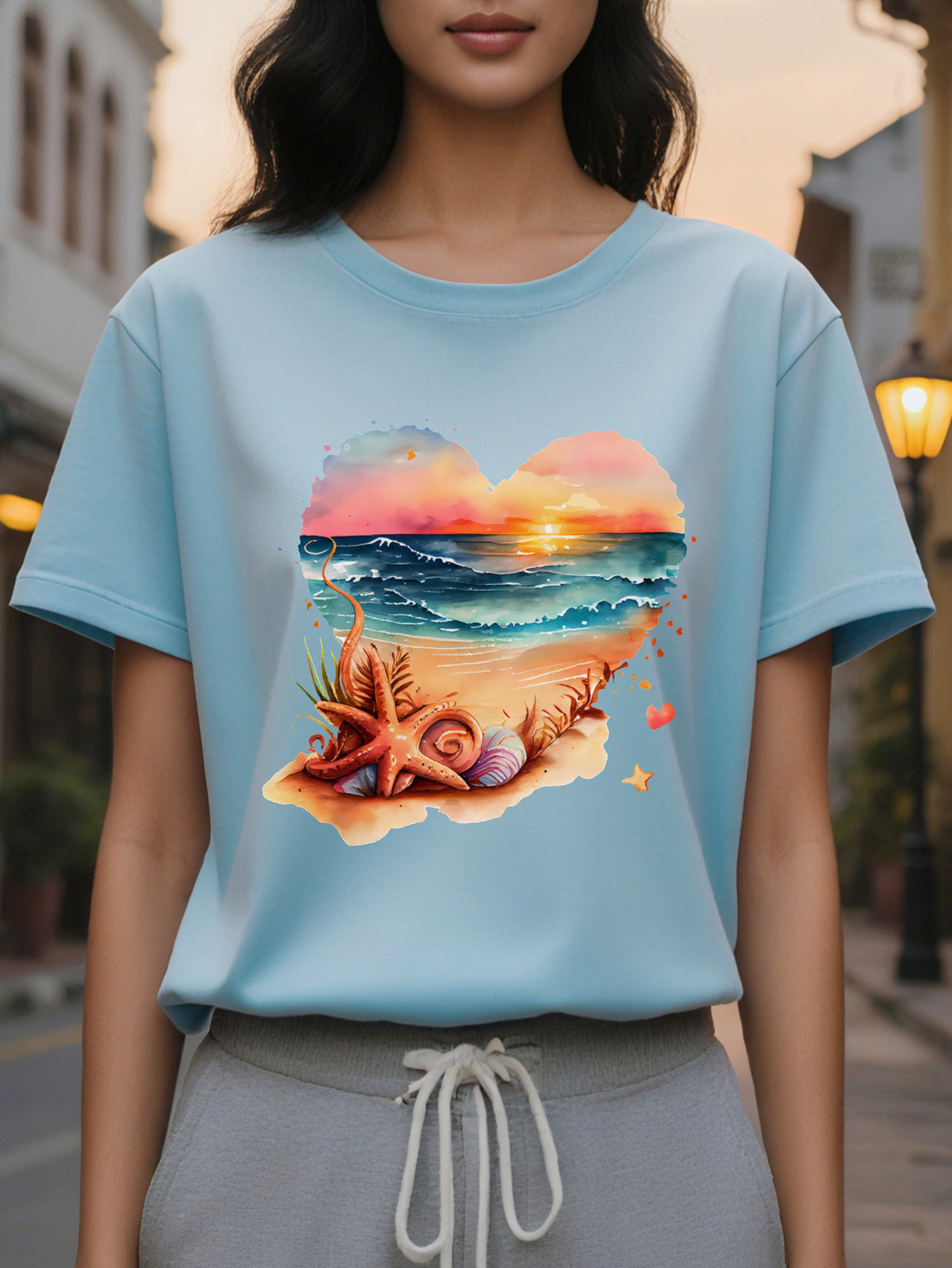 Beach Heart Shaped Short Sleeved T Shirt Ladies Round Neck Casual Top Suitable for Spring and Summer