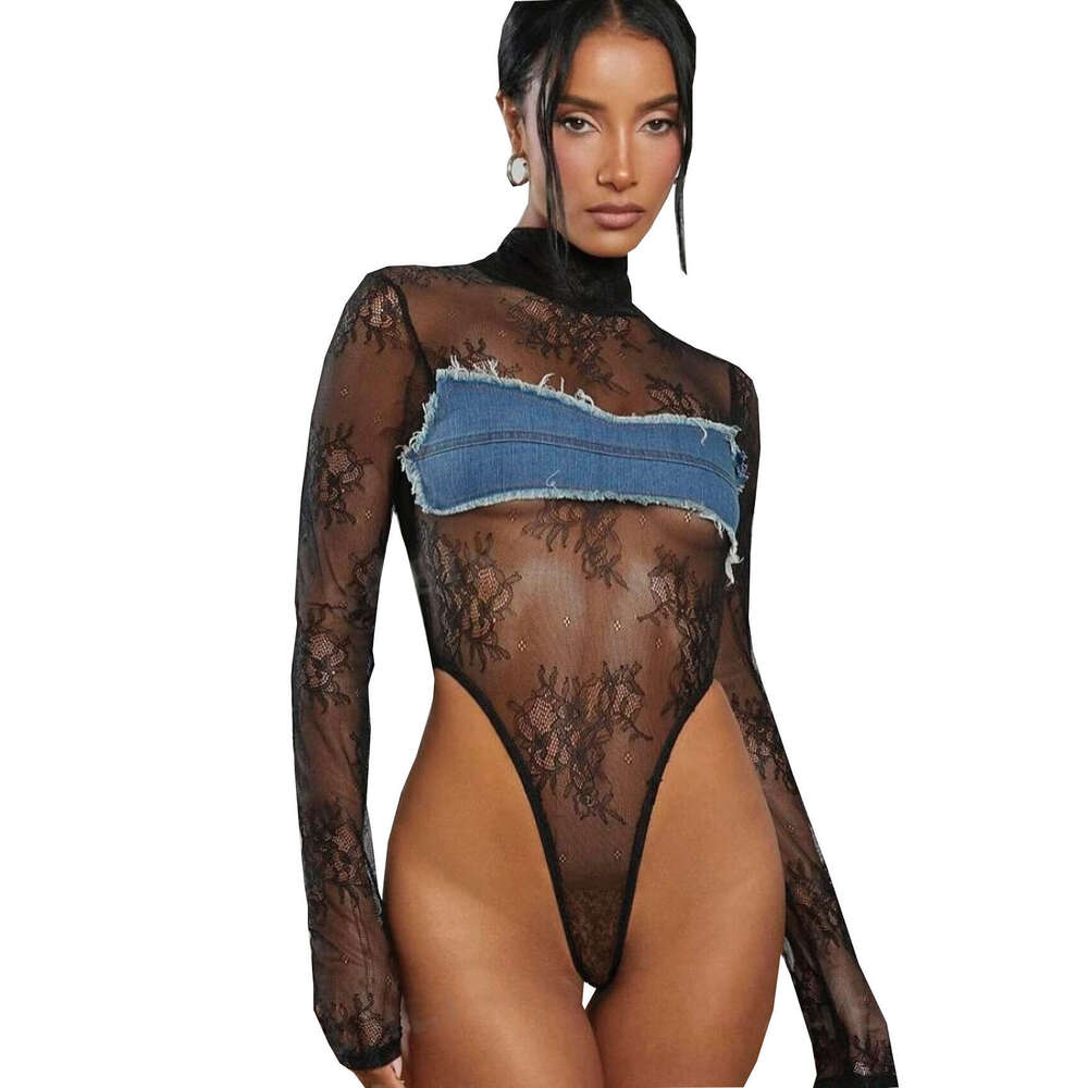 New Sexy Hot Girl Long Sleeve High Neck See-through Hollow for Women Out Denim Lace Color Block Jumpsuit