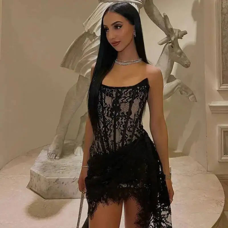 Giyu Women Sexy Strapless Lace Corset Mini Dress 2025 Summer Sleeveless Laceup Blackless Bodycon White Dresses Club Party Robe250903