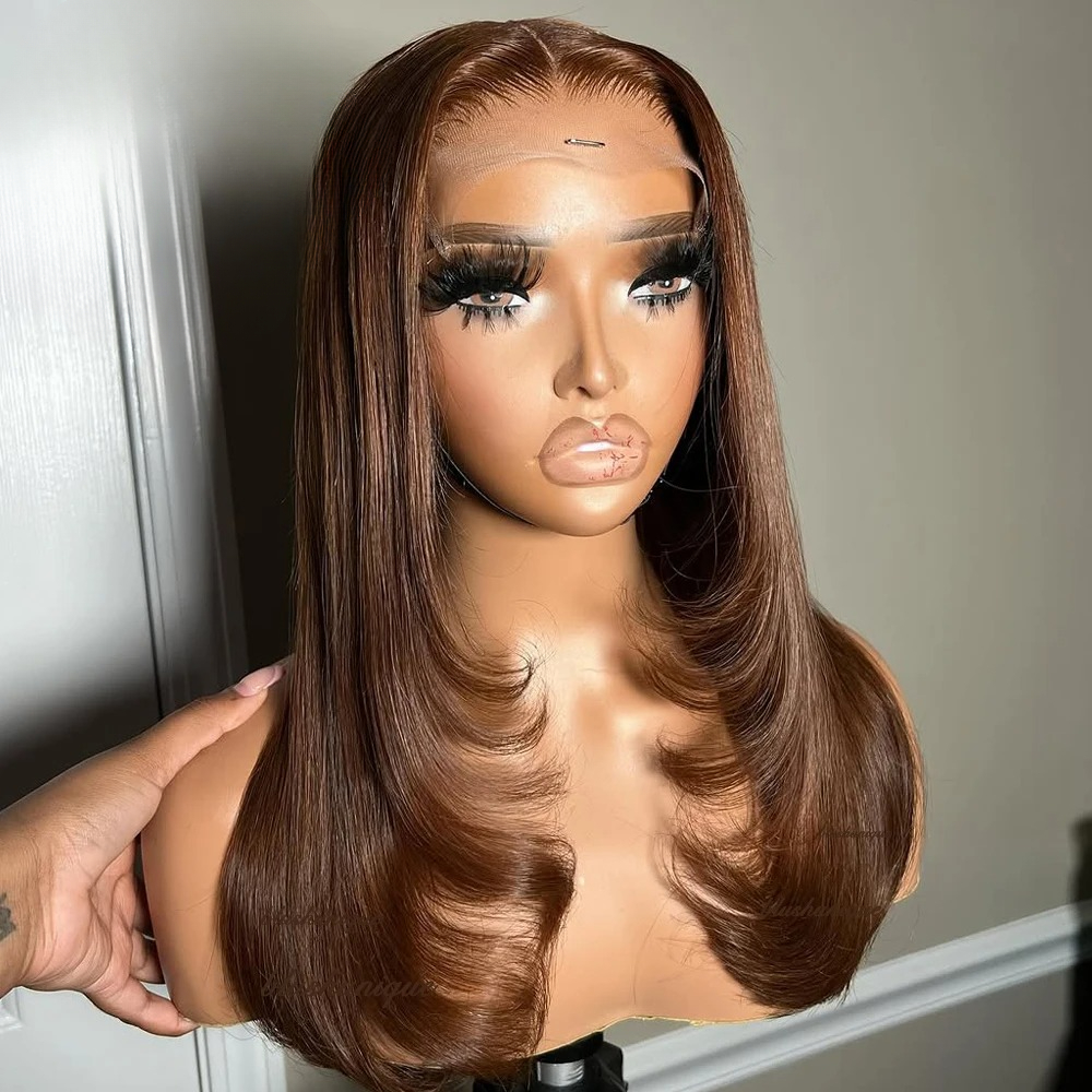 Chocolate Brown Human Hair Wigs Layered Cut Lace Front Wigs Wear And Go HD 13X4 Straight Lace Frontal Wig For Women pelucas Cheveux Glueless Wigs