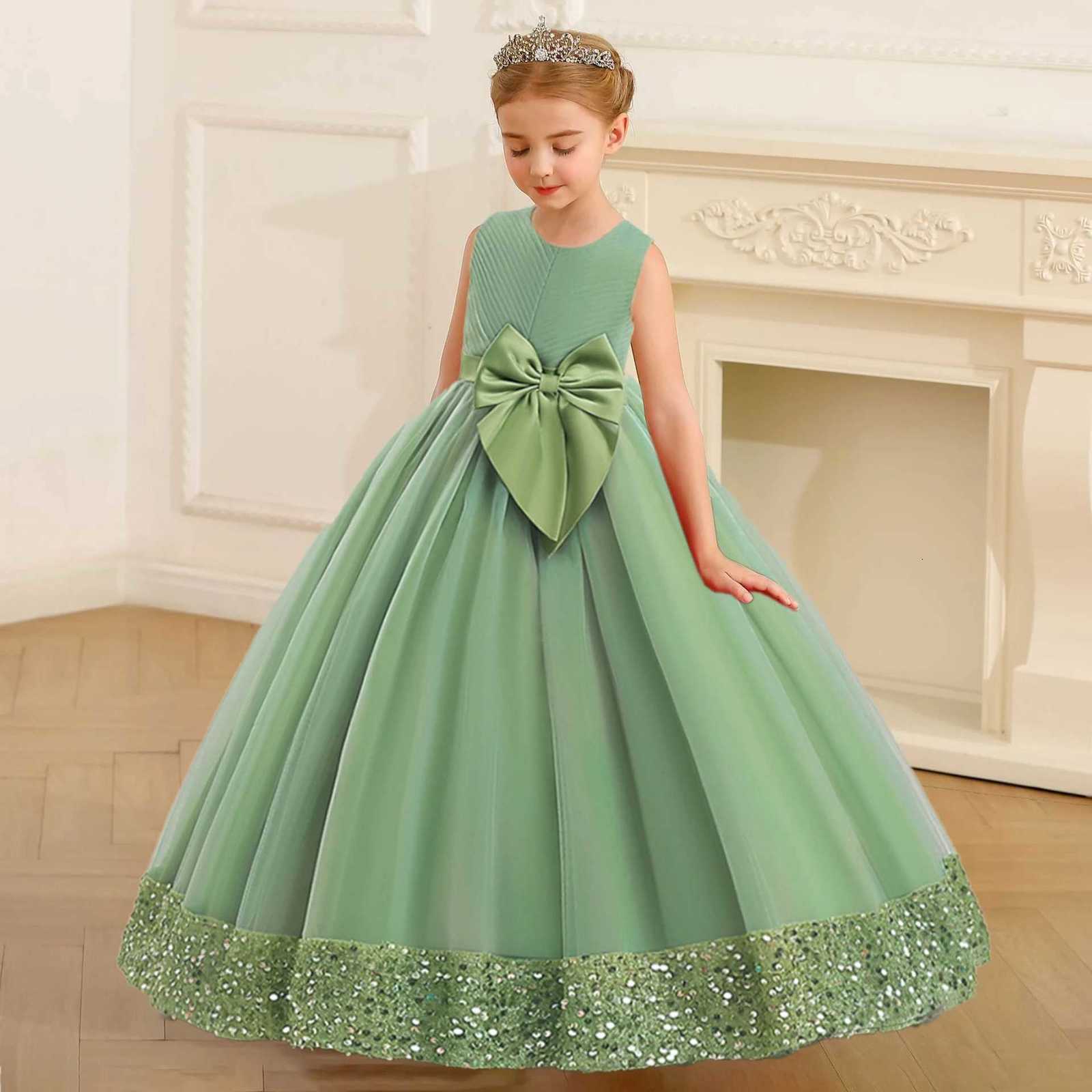 Fluffy Sequin Bridesmaid Princess Girls Dress Elegant Bow Pink Wedding Prom Evening Kids Party Dresses for Girl Birthday Costumes Z250904