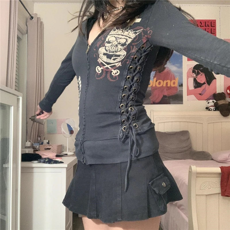 Xingqing y2k Grunge 2000s Sweatshirt Punk Gothic Women Zip Up Long Sleeve Tops E Girl Hoodie Dark Academia Aesthetic Clothes 250904