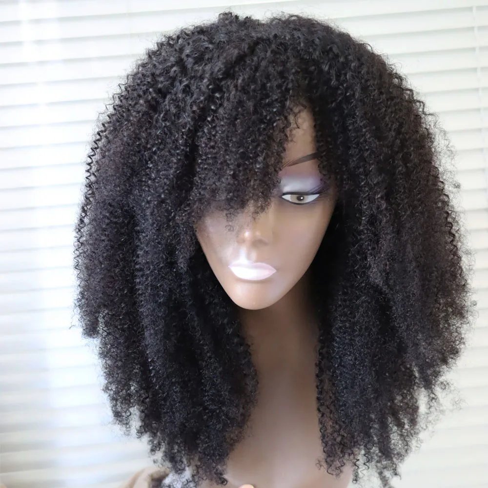 4c Afro Kinky Curly Virgin Brazilian Human Hair Machine Made Sew Wig with Bang kinki Curls natural scalp top none-lace cheap Human Hair Wig for Black 