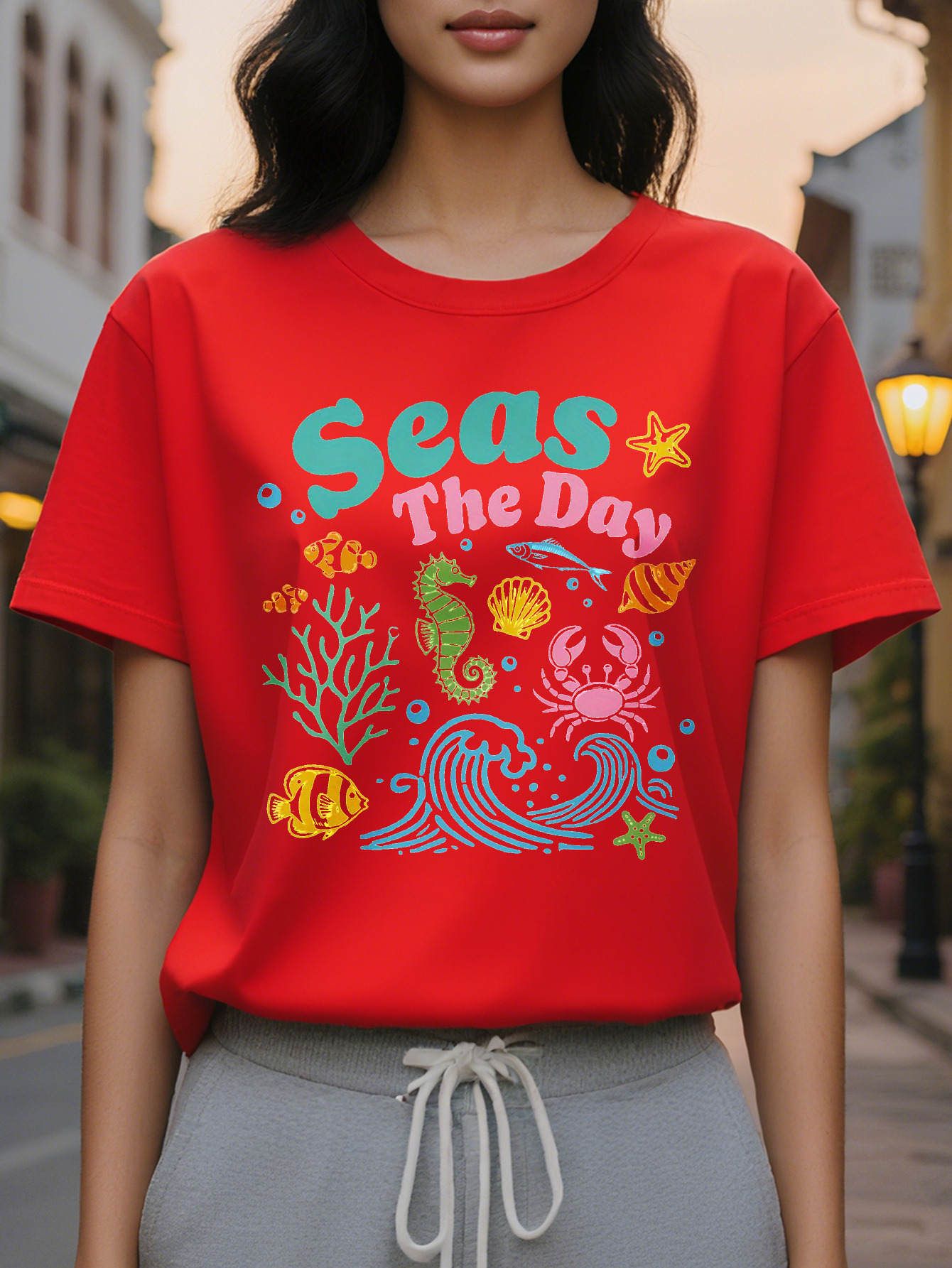 Women s White T-Shirt Ocean Life Pattern Short Sleeve Top Soft Elastic Round Neck Summer Daily Shirt Washable Beach