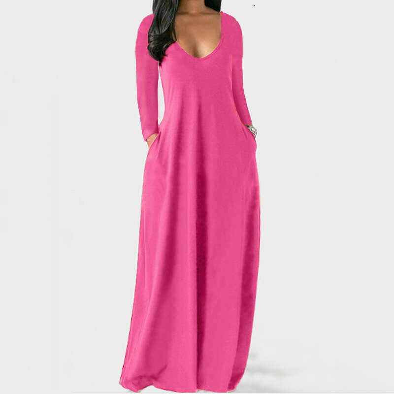 European and American Summer Cross-Border Trade New Plus Size Women's Solid Color Sexy Deep V Long Sleeve Dress