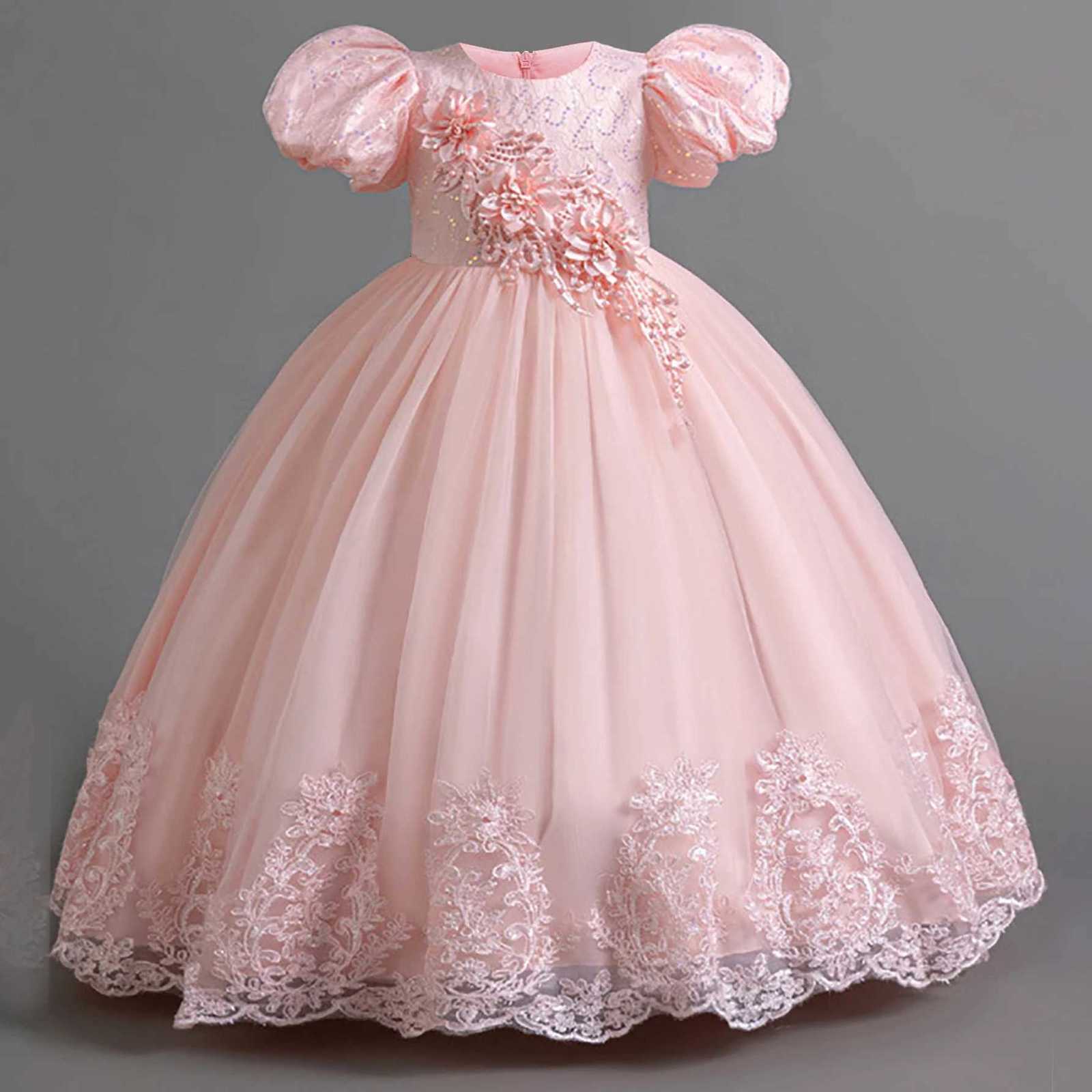 Elegant Bridesmaids Party Girls Dresses Puff Sleeve Tulle Wedding Costume Flower Birthday Princess Dress Girls Baptism Prom Gown Z250904