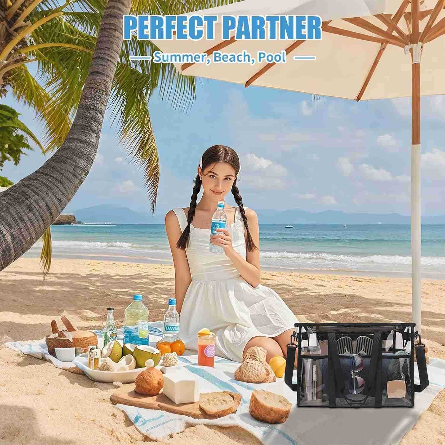 Womens Clear Beach Bag with Detachable Phone Pouch Foldable Waterproof Clear Tote Bags for Beach Pool StadiumW250904
