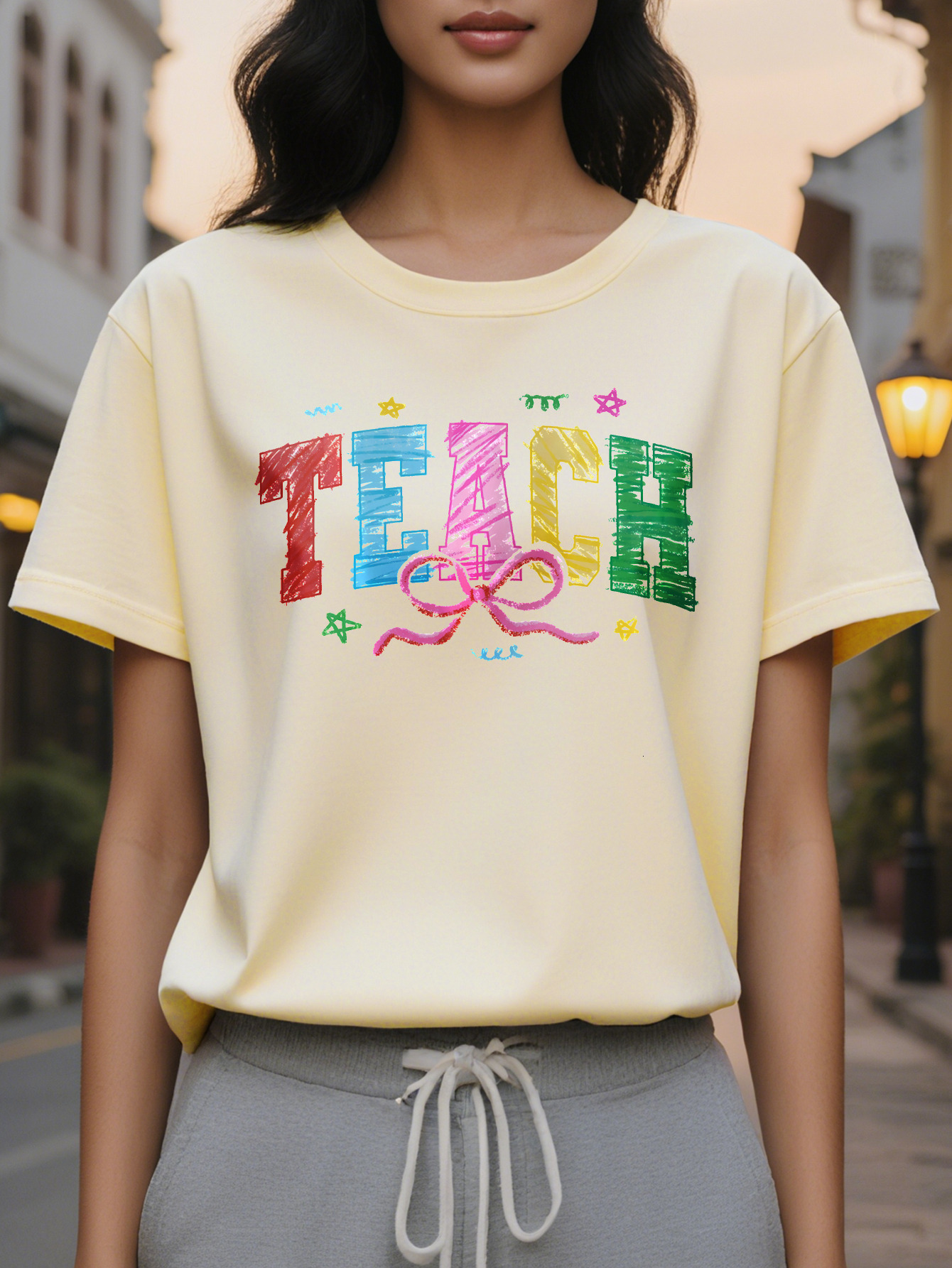 Women s Elegant Short Sleeve Round Neck Cotton Dress, Casual Top with Alphabet Pattern for Summer and Spring