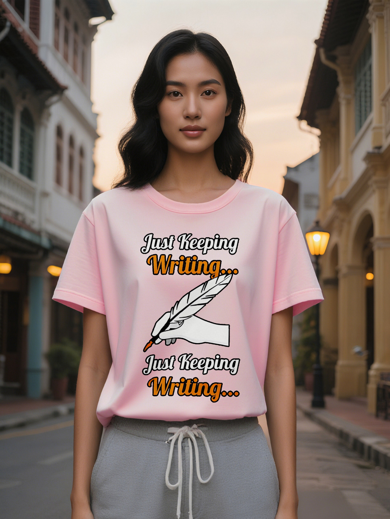 Large XL Women's Casual Short Sleeve T-Shirt Handwritten Feather Quill Just Keeping Writing Print Black with Orange Lettering Plus Size