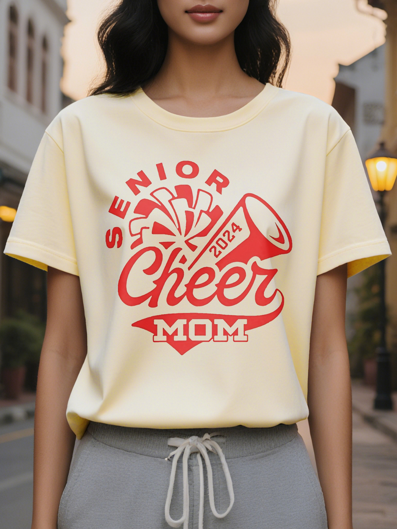 Large XL Stylish Senior Cheer Mom Graphic Women Casual Crew Neck Soft Cotton Washable Perfect for All Seasons Plus Size