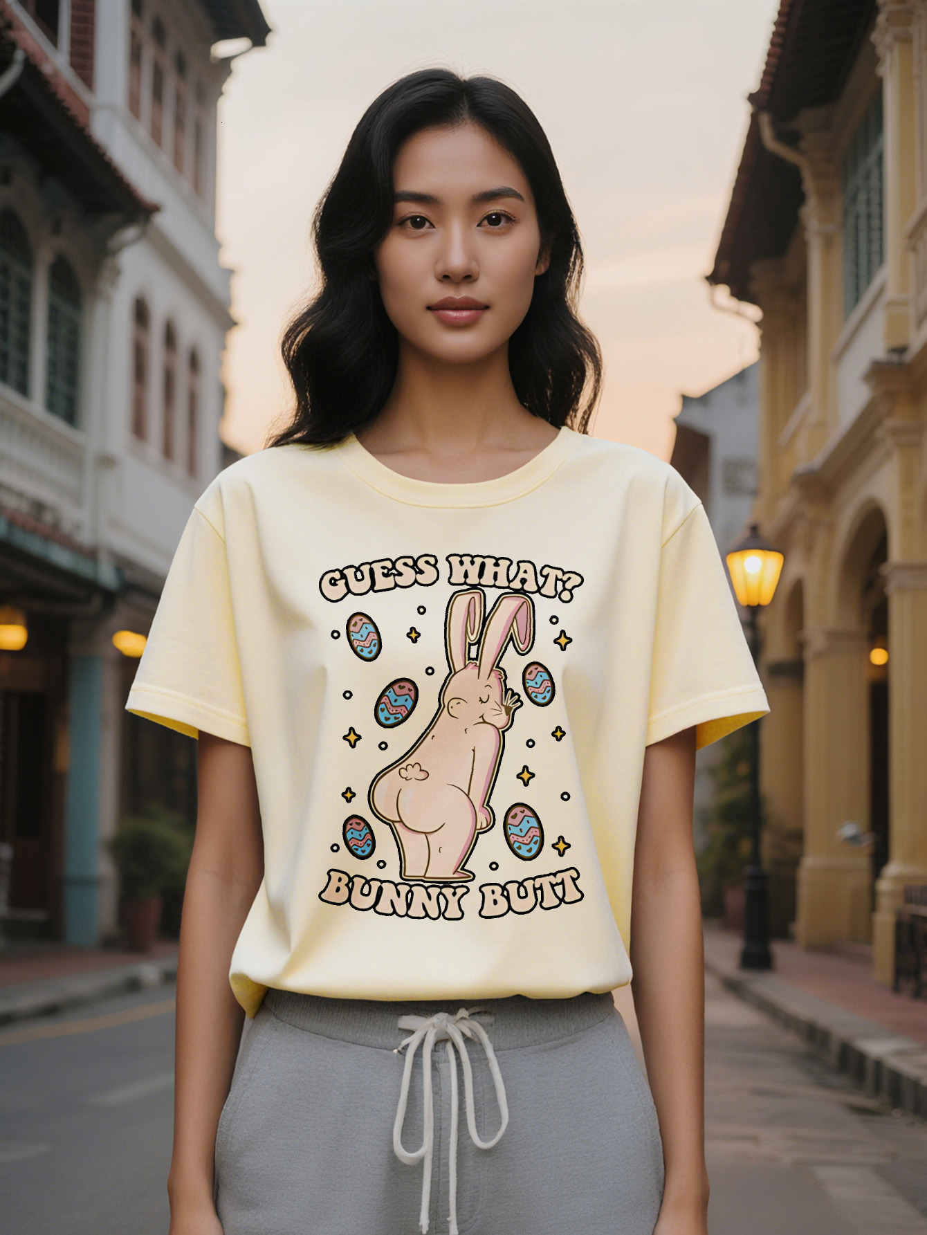 Large XL women's Casual Short Sleeve T-Shirt Black Easter Colorful Eggs Print with What Bunny Butt Text Round Neck Summer Tee Plus size